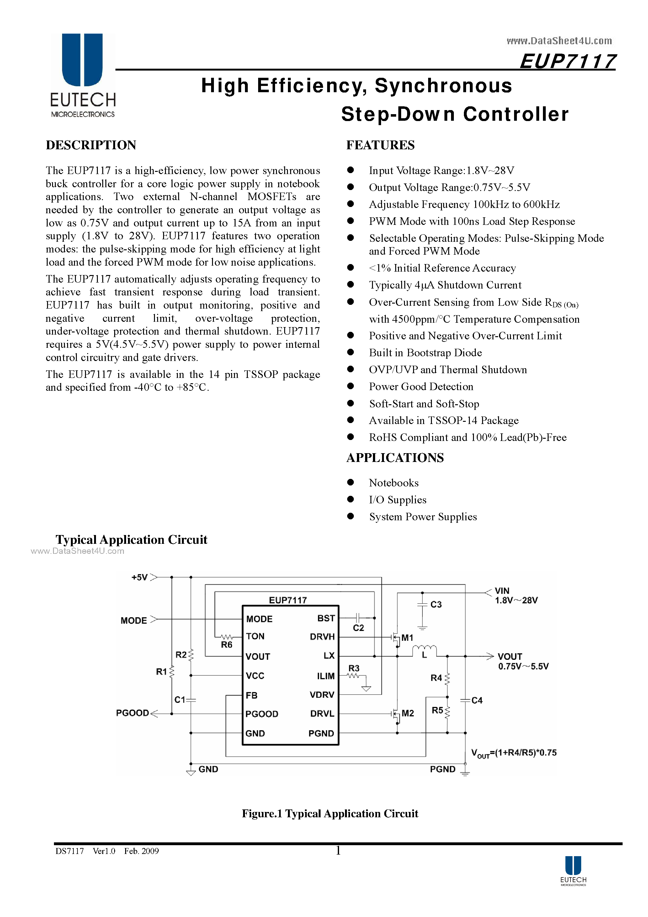 Даташит на микросхему EUP7117 страница 1 Даташит EUP7117 - Synchronous Step-Down Controller страница 1