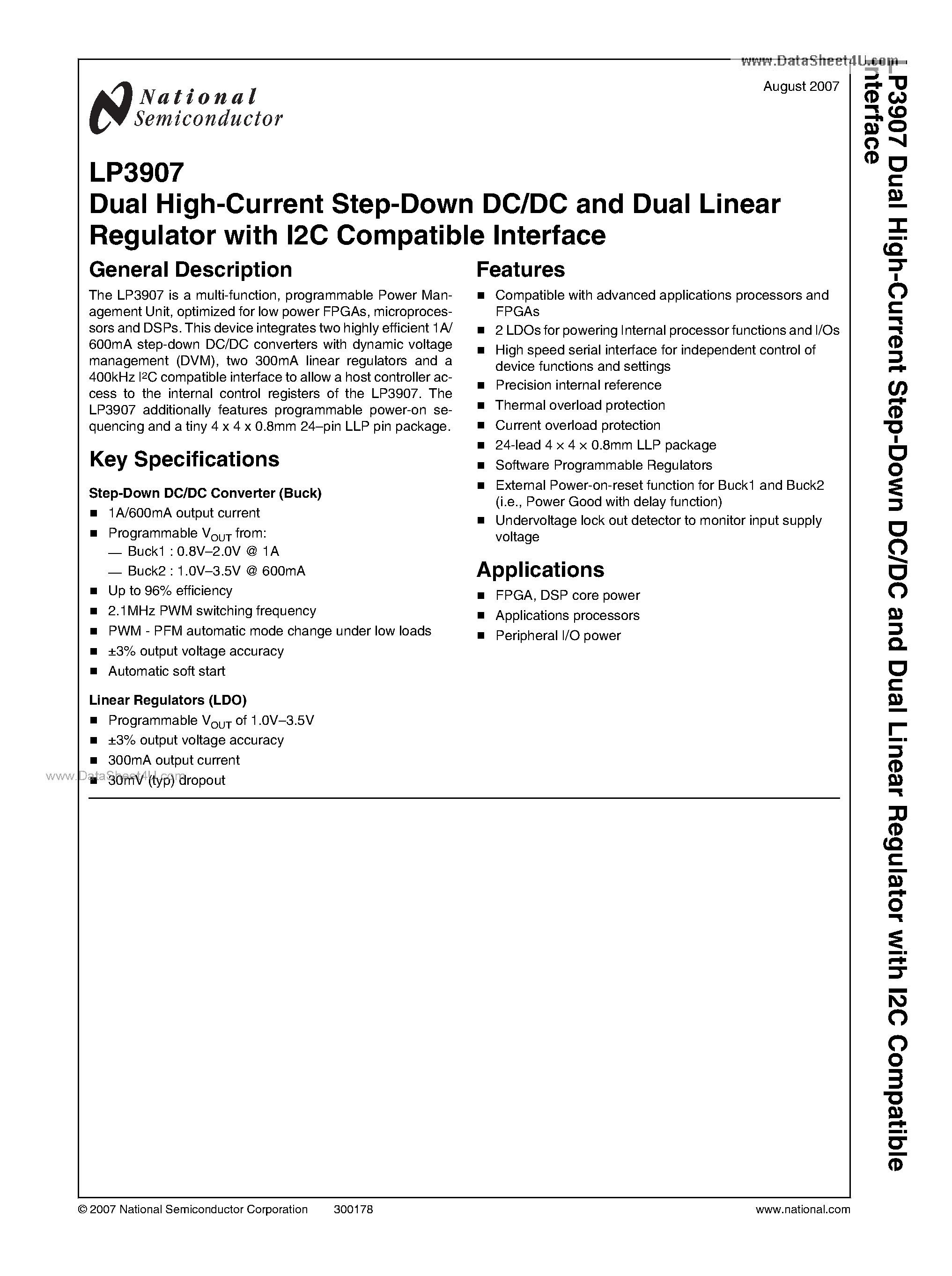 Datasheet LP3907 - Dual High-Current Step-Down DC/DC and Dual Linear Regulator page 1