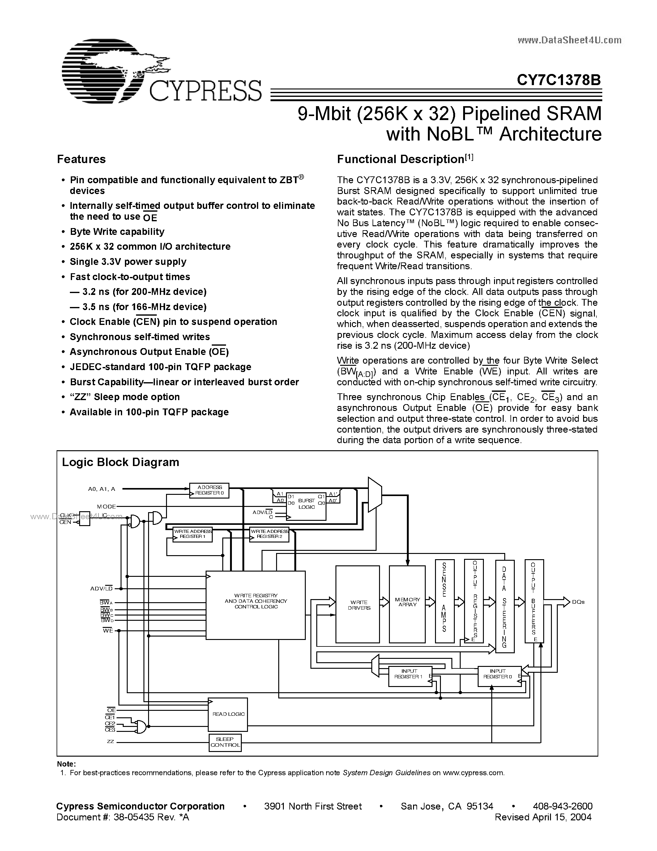 Даташит CY7C1378B - 9-Mbit (256K x 32) Pipelined SRAM страница 1