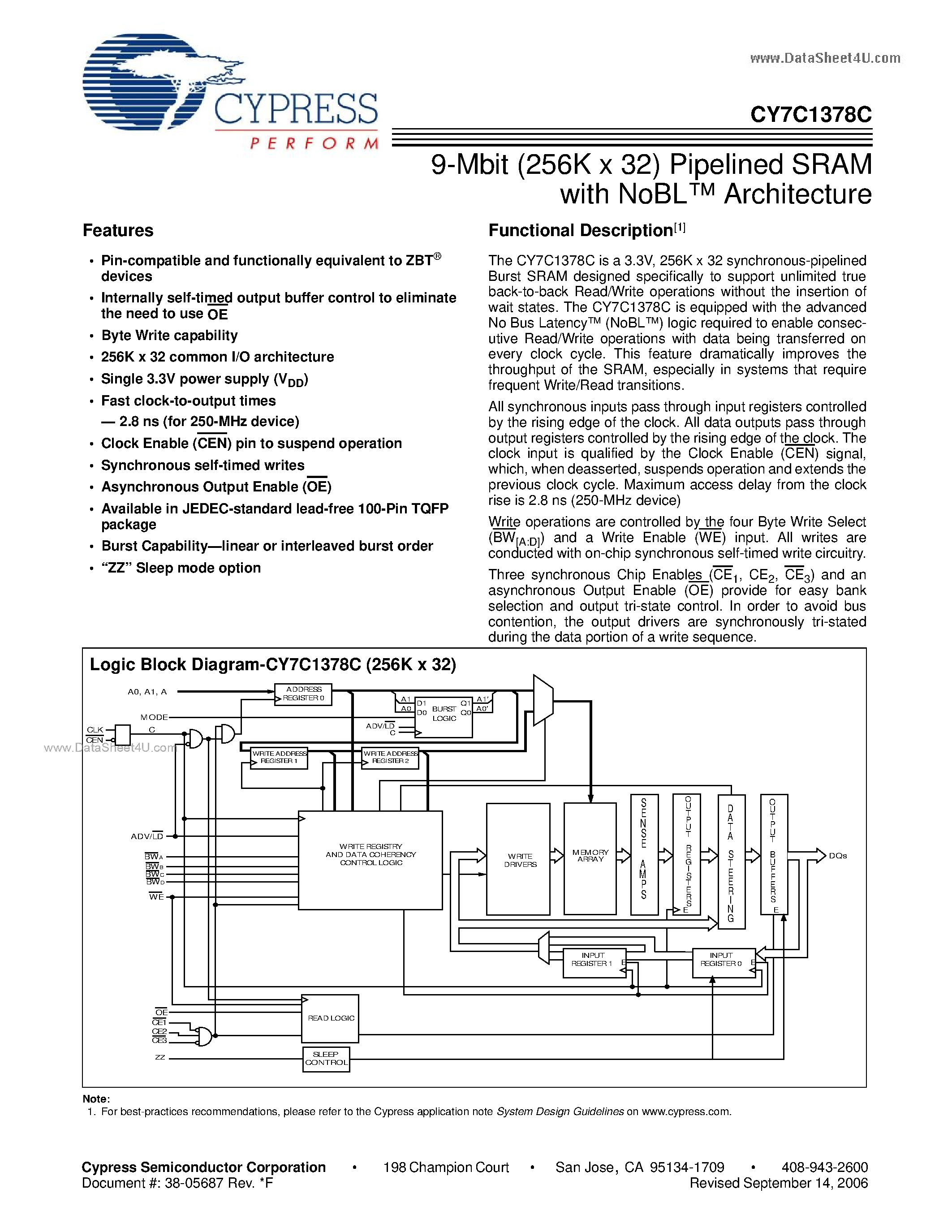 Даташит на микросхему CY7C1378C страница 1 Даташит CY7C1378C - 9-Mbit (256K x 32) Pipelined SRAM страница 1