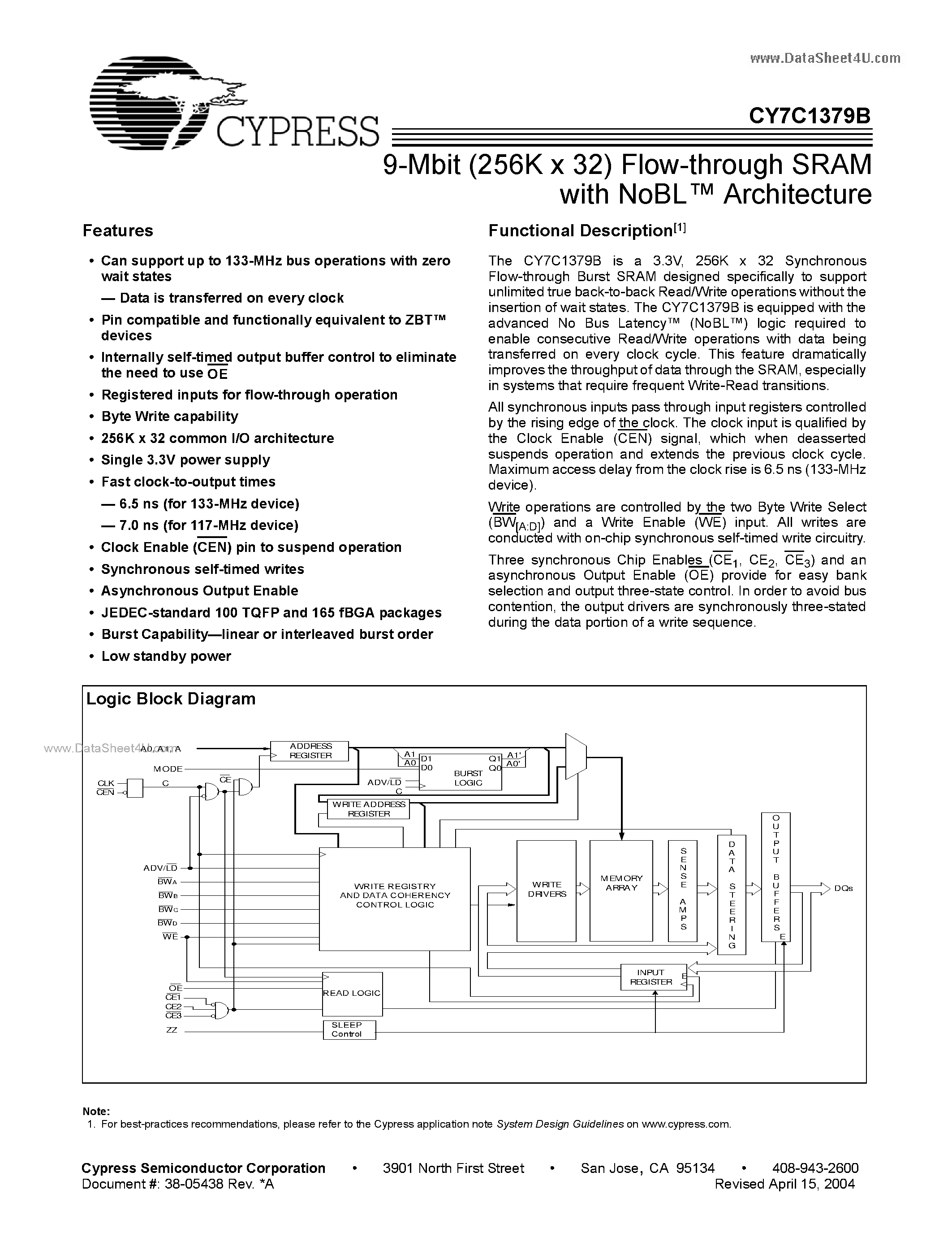 Даташит CY7C1379B - 9-Mbit (256K x 32) Flow-through SRAM страница 1