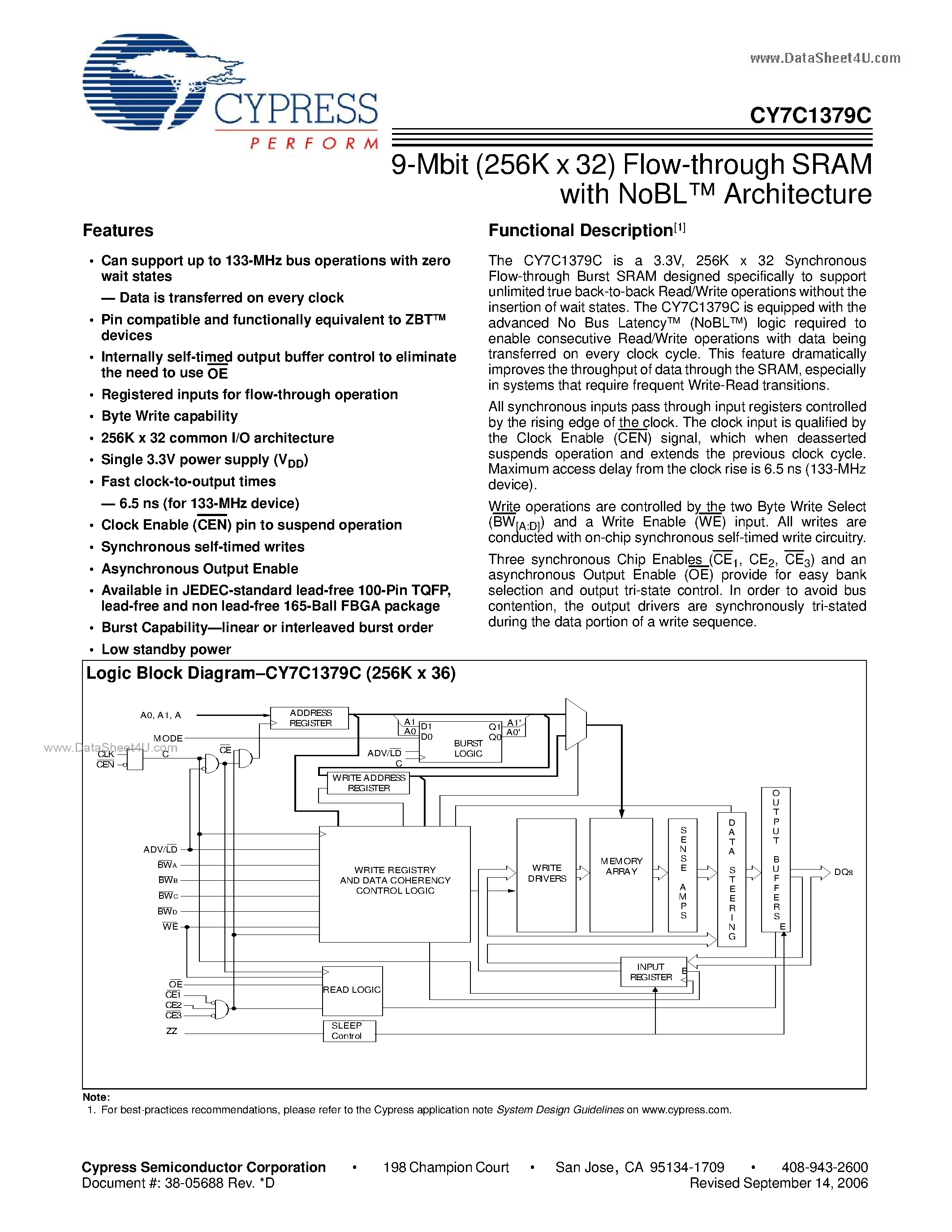 Даташит CY7C1379C - 9-Mbit (256K x 32) Flow-through SRAM страница 1