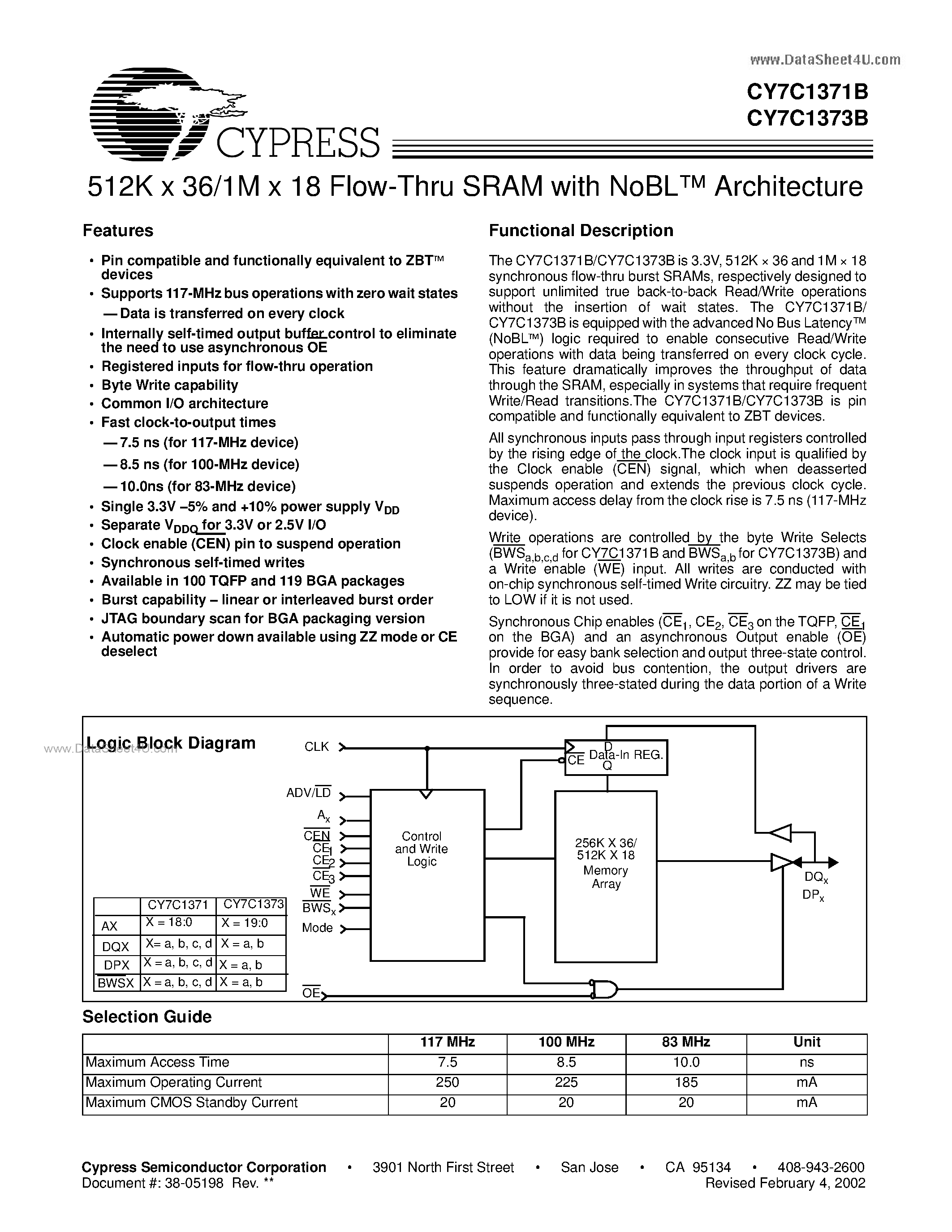 Datasheet CY7C1371B page 1 Datasheet CY7C1371B - (CY7C1371B / CY7C1373B) 512K x 36/1M x 18 Flow-Thru SRAM page 1