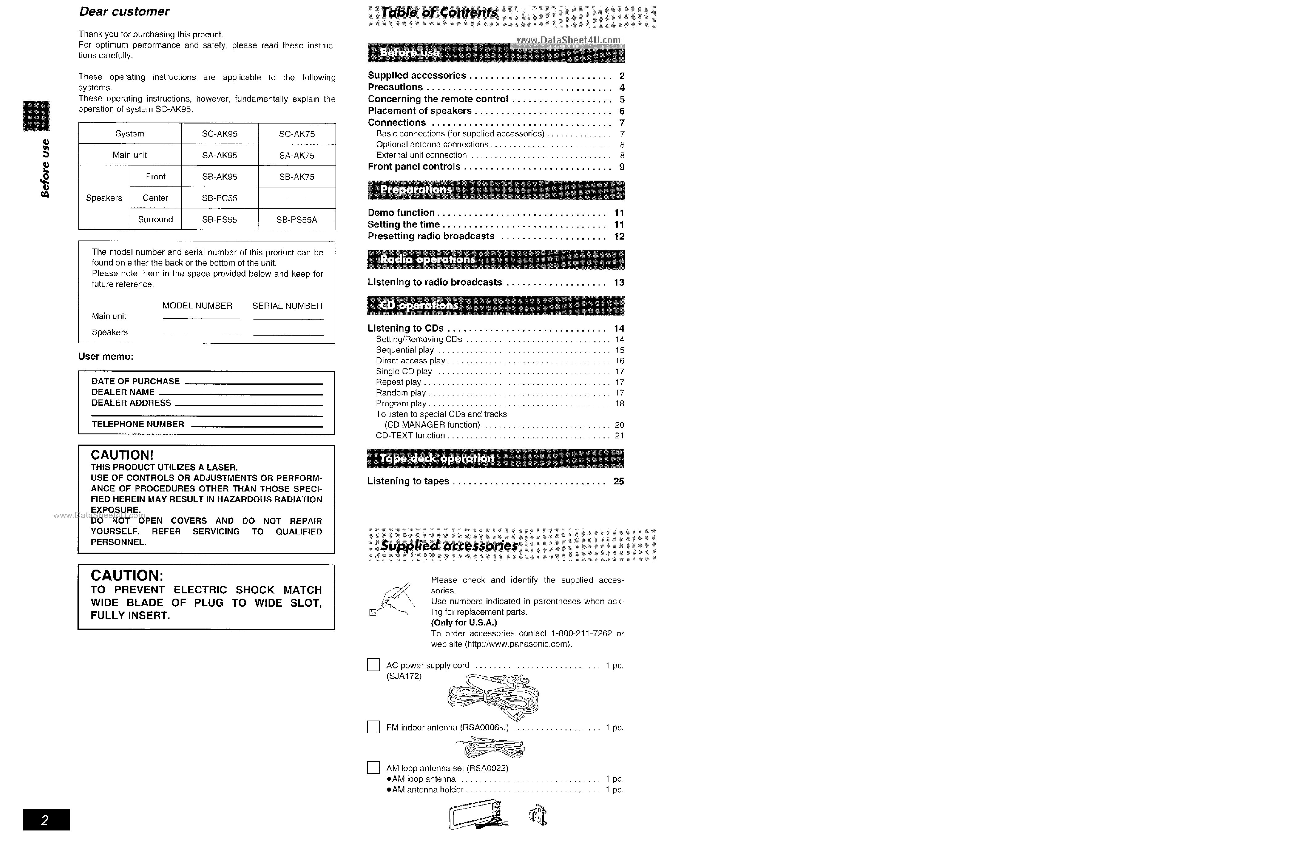 Даташит SA-AK75 - (SA-AK75 / SA-AK95) CD Stereo System страница 2
