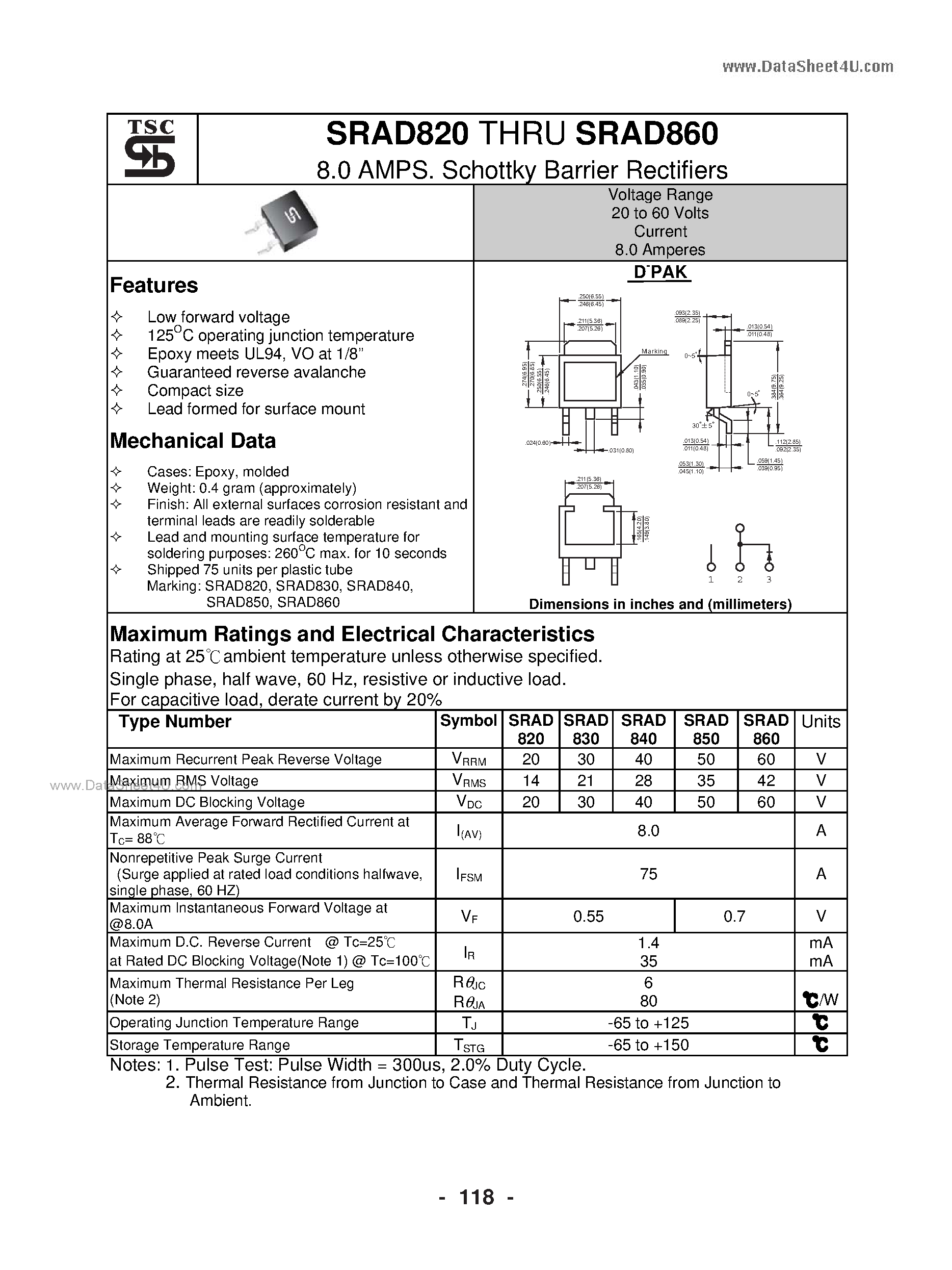 Datasheet SRAD820 - (SRAD820 - SRAD860) Schottky Barrier Rectifiers page 1