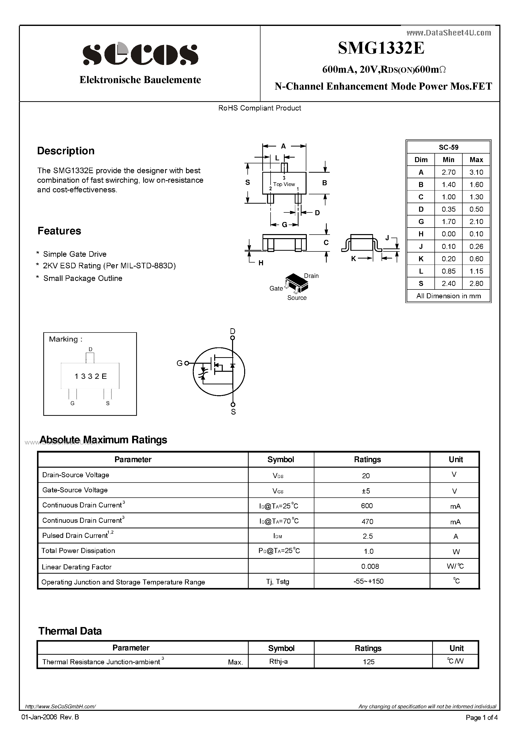 Datasheet SMG1332E - N-Channel Enhancement Mode Power MosFET page 1