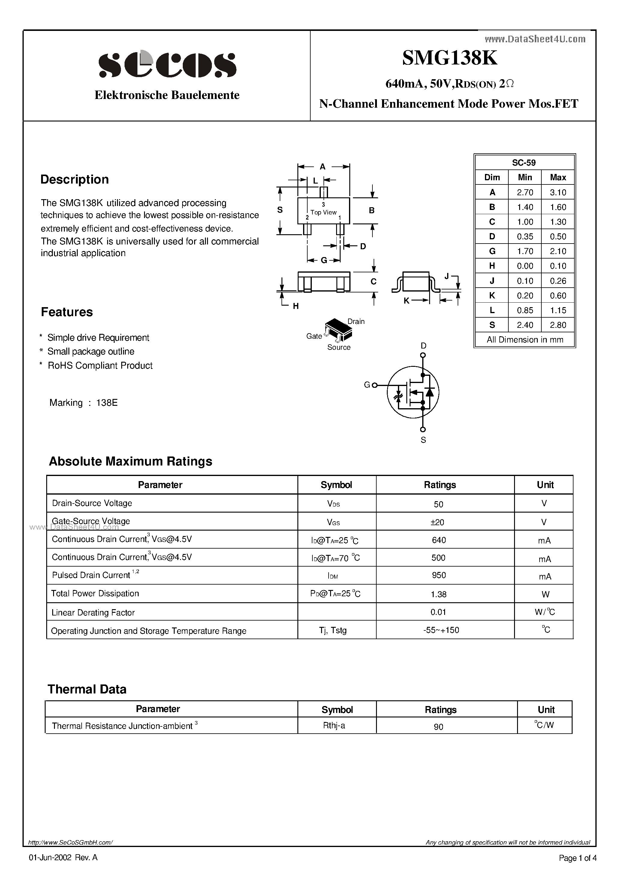 Datasheet SMG138K - N-Channel Enhancement Mode Power MosFET page 1