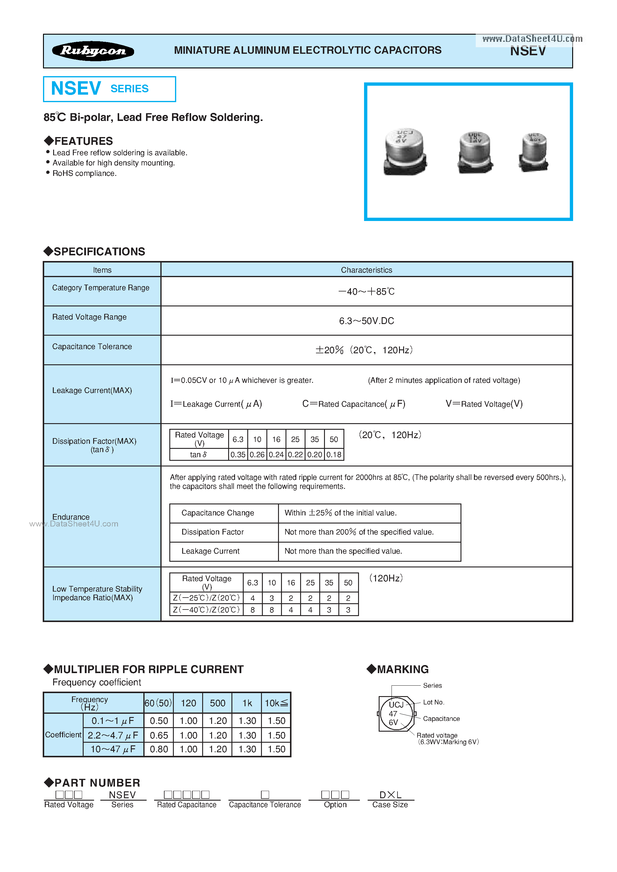 Datasheet NSEV page 1 Datasheet NSEV - MINIATURE ALUMINUM ELECTROLYTIC CAPACITORS page 1