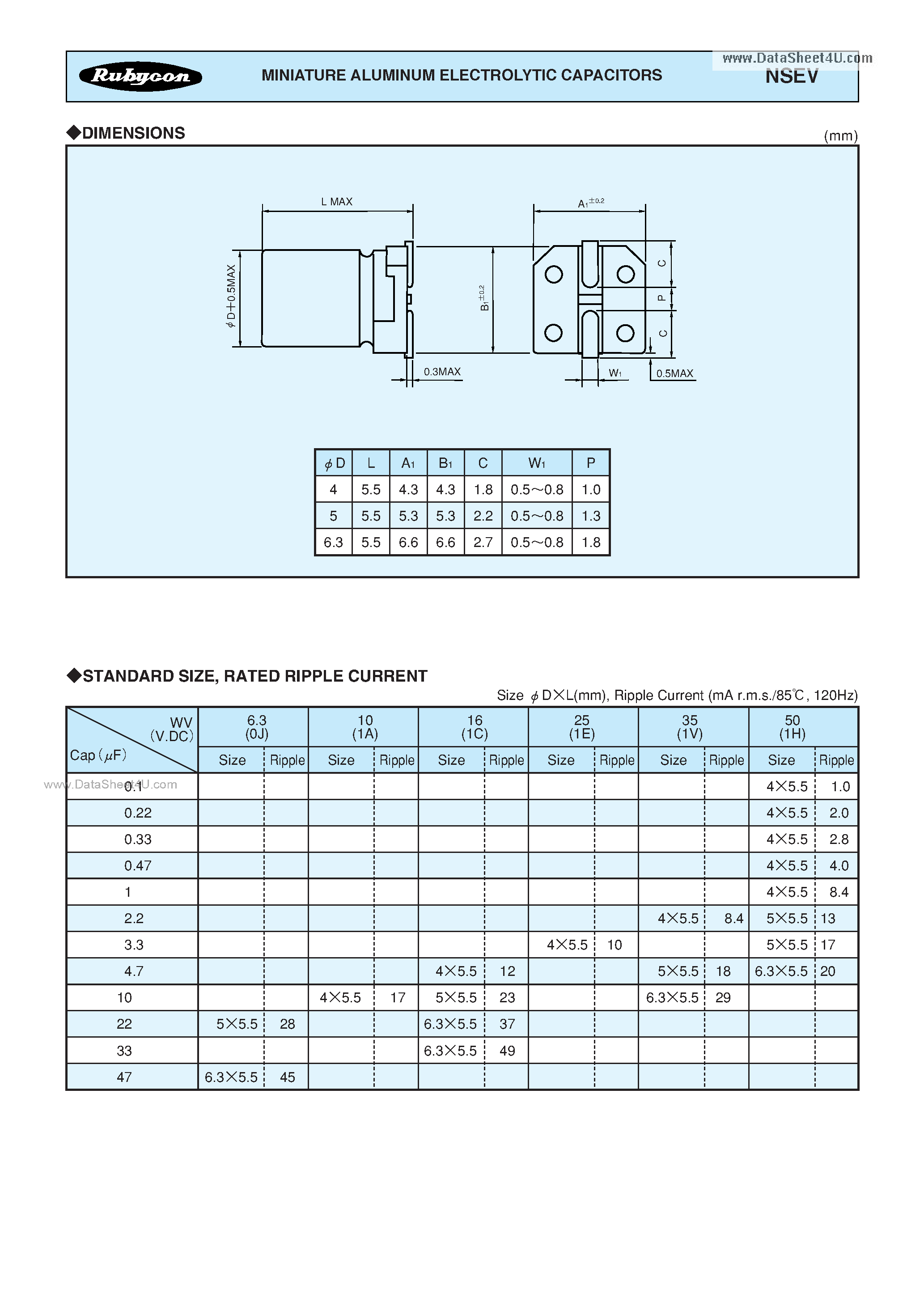 Datasheet NSEV page 2 Datasheet NSEV - MINIATURE ALUMINUM ELECTROLYTIC CAPACITORS page 2