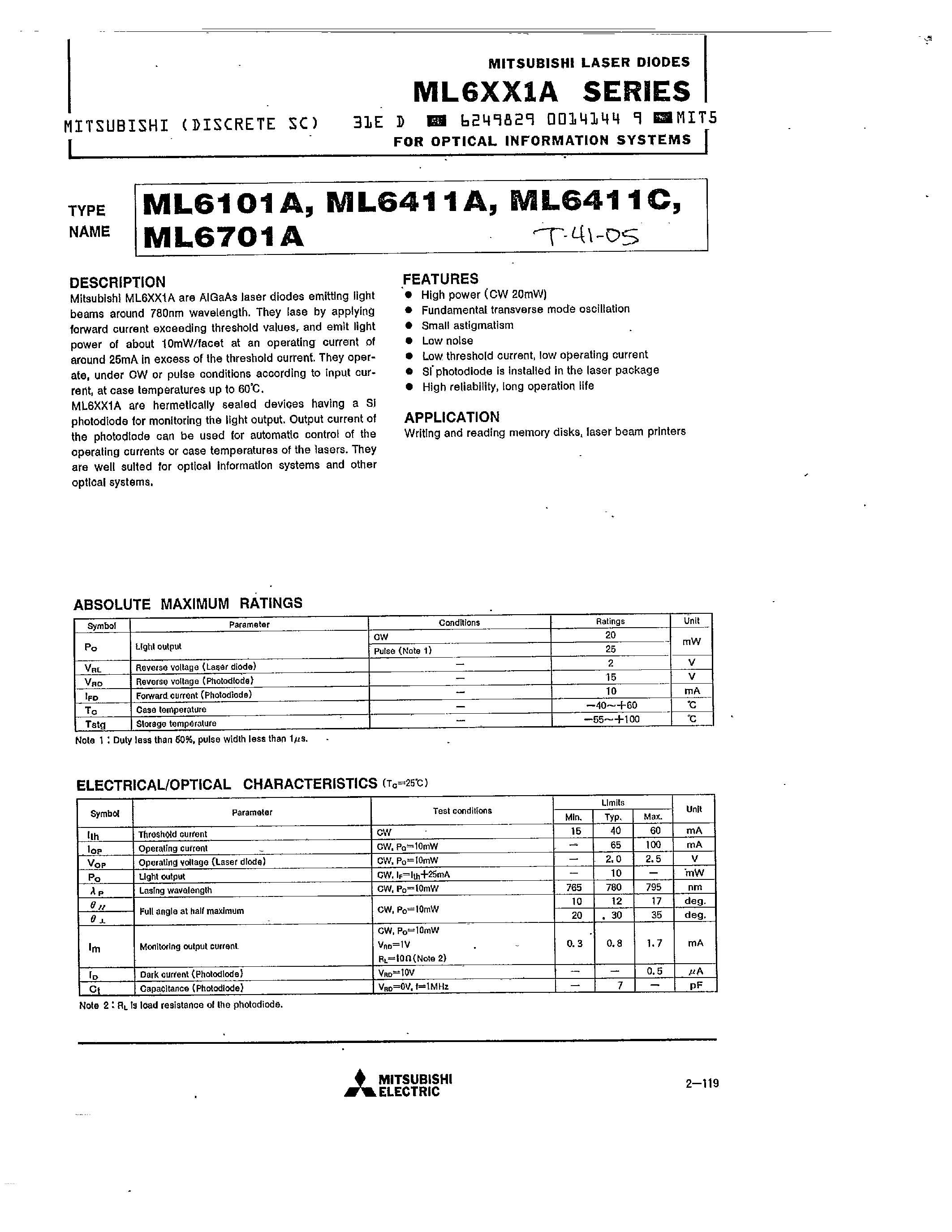 Даташит на микросхему ML6411A страница 1 Даташит ML6411A - (ML6101A - ML6701A) AIGaAs Laser Diodes emitting light beams around 780nm wavelength страница 1