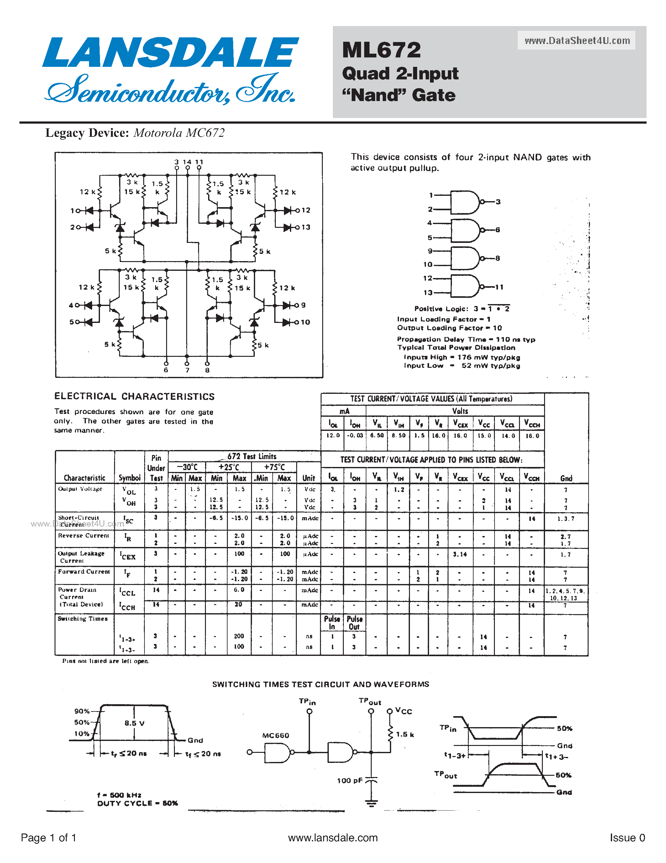 Datasheet ML672 - Quad 2-Input Nand Gate page 1