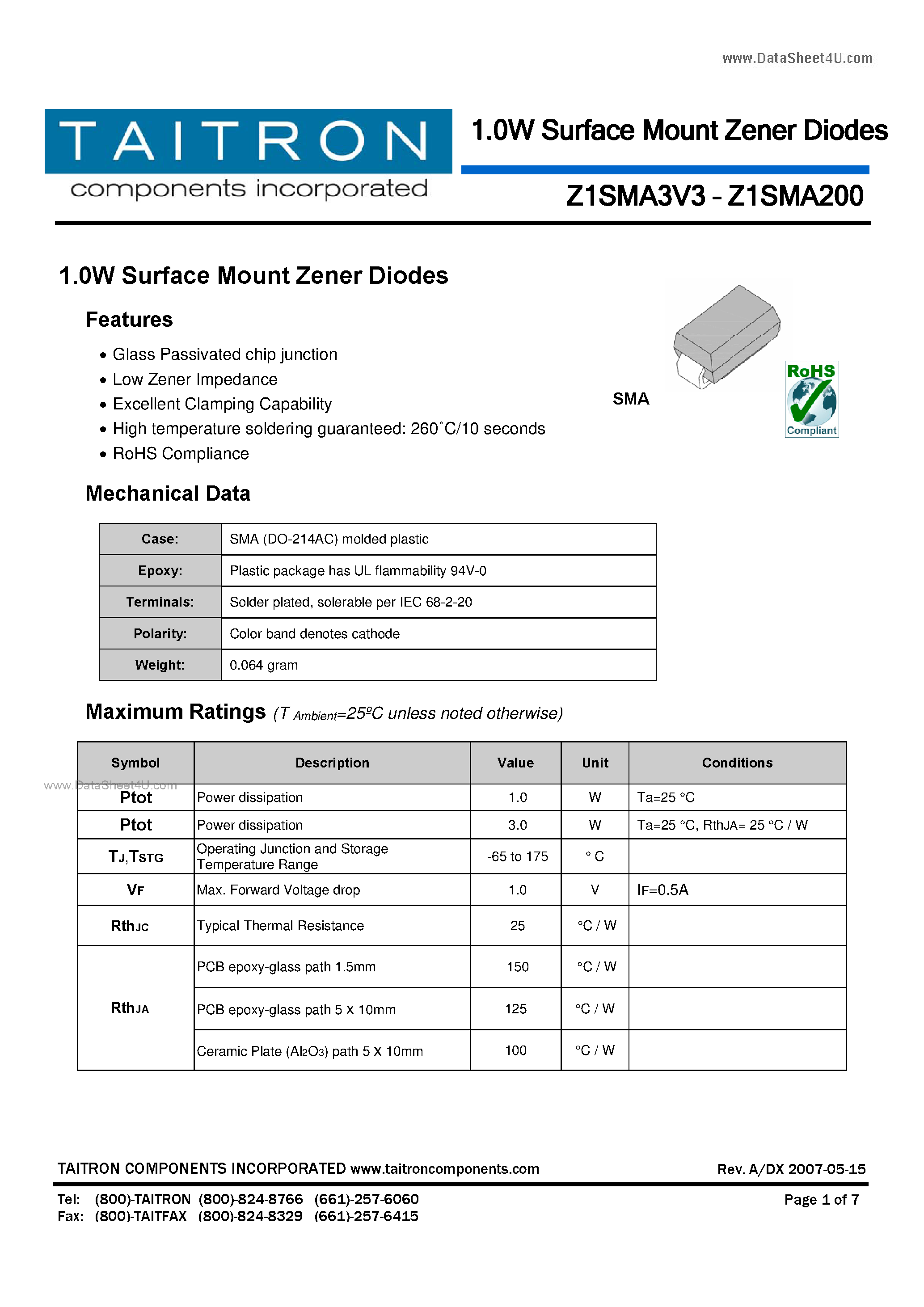 Datasheet Z1SMA10 - 1.0W Surface Mount Zener Diodes page 1