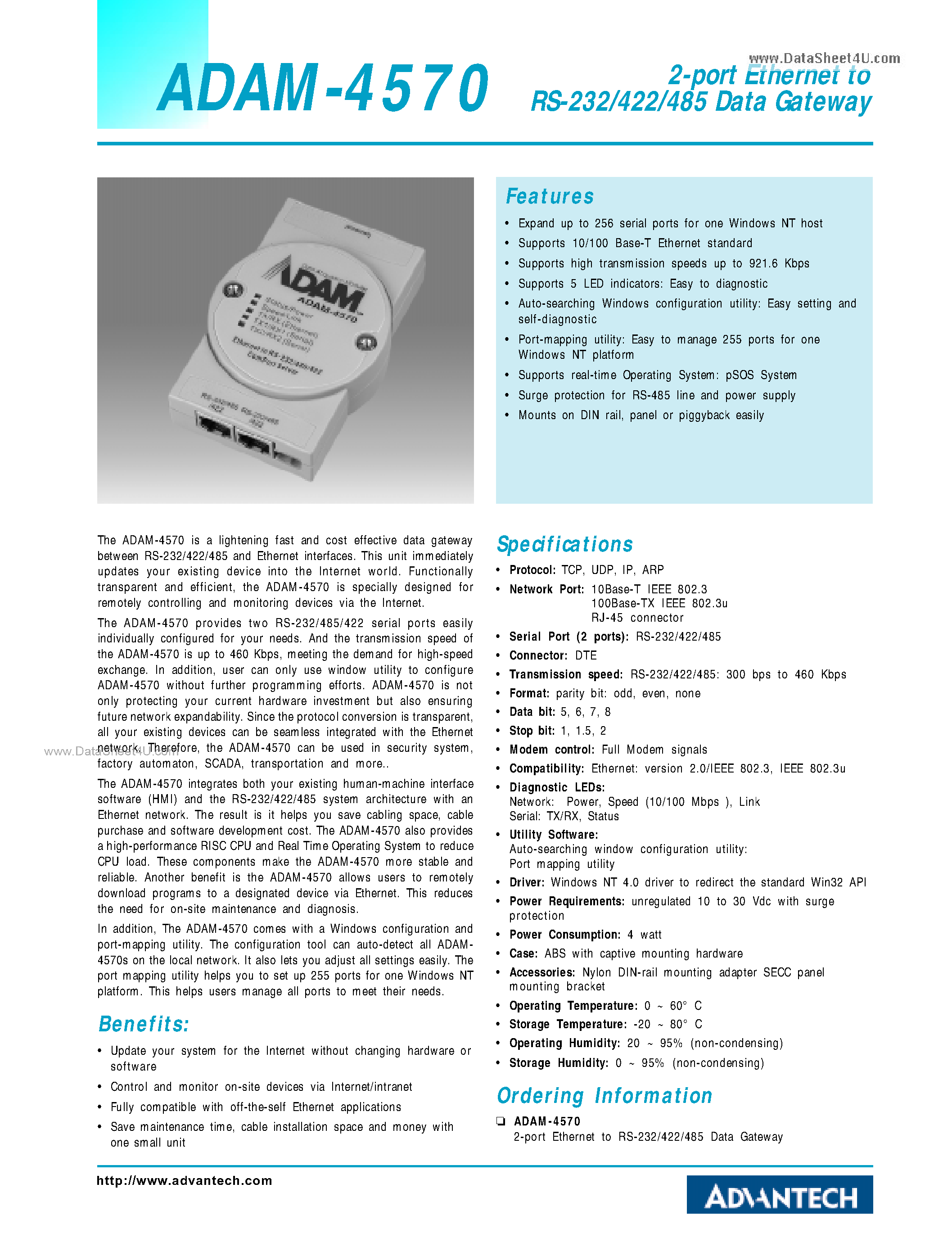 Datasheet ADAM-4570 - 2-port Ethernet to RS-232/422/485 Data Gateway page 1