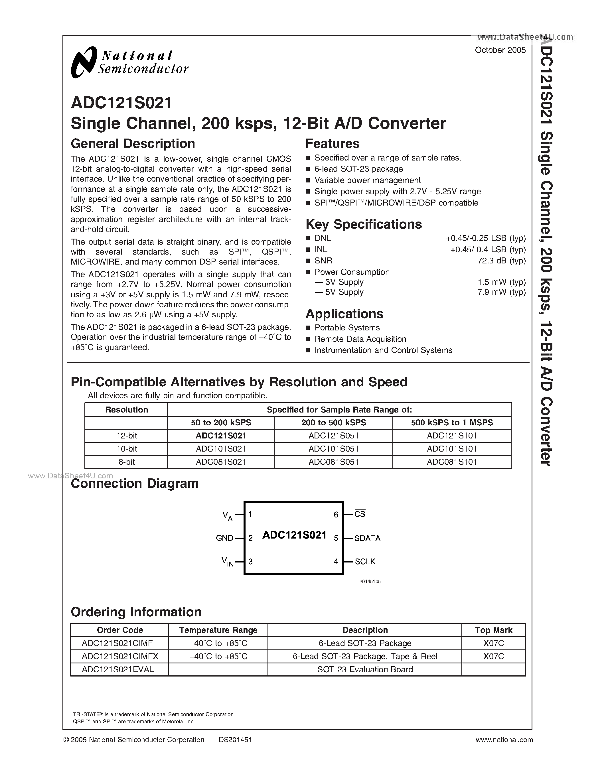 Datasheet ADC121S021 - 12-Bit A/D Converter page 1