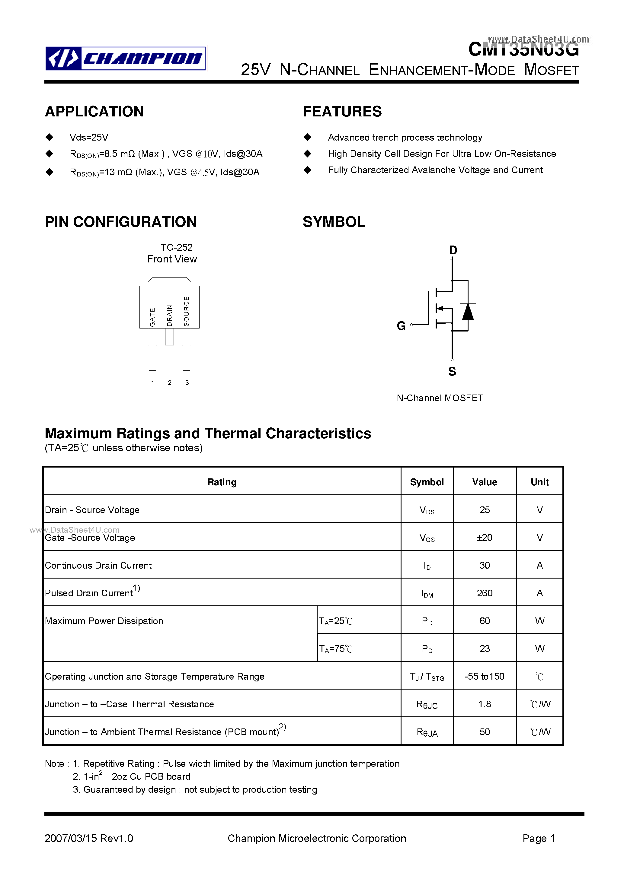 Datasheet CMT35N03G - 25V N-CHANNEL ENHANCEMENT-MODE MOSFET page 1