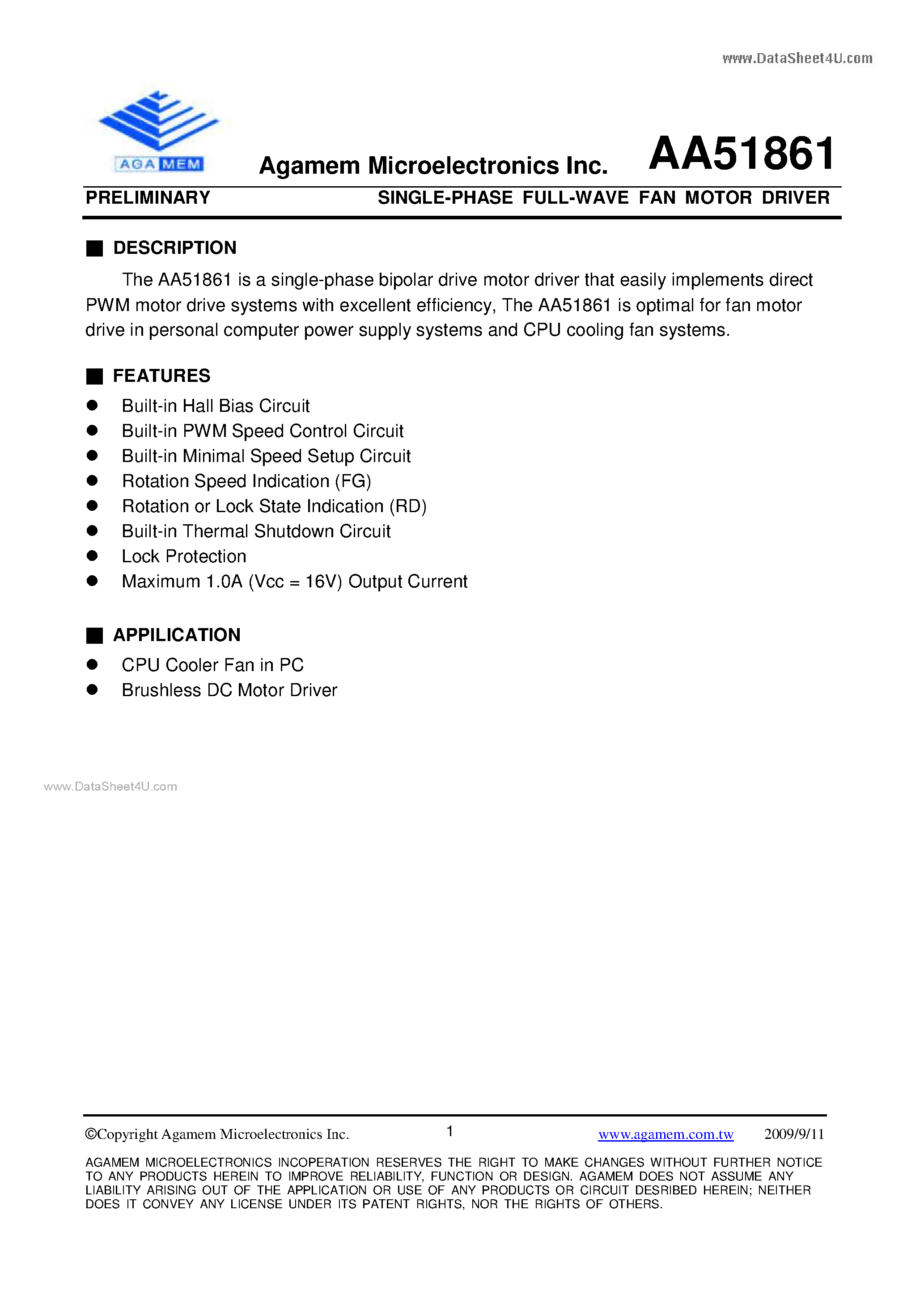 Datasheet AA51861 - SINGLE-PHASE FULL-WAVE FAN MOTOR DRIVER page 1