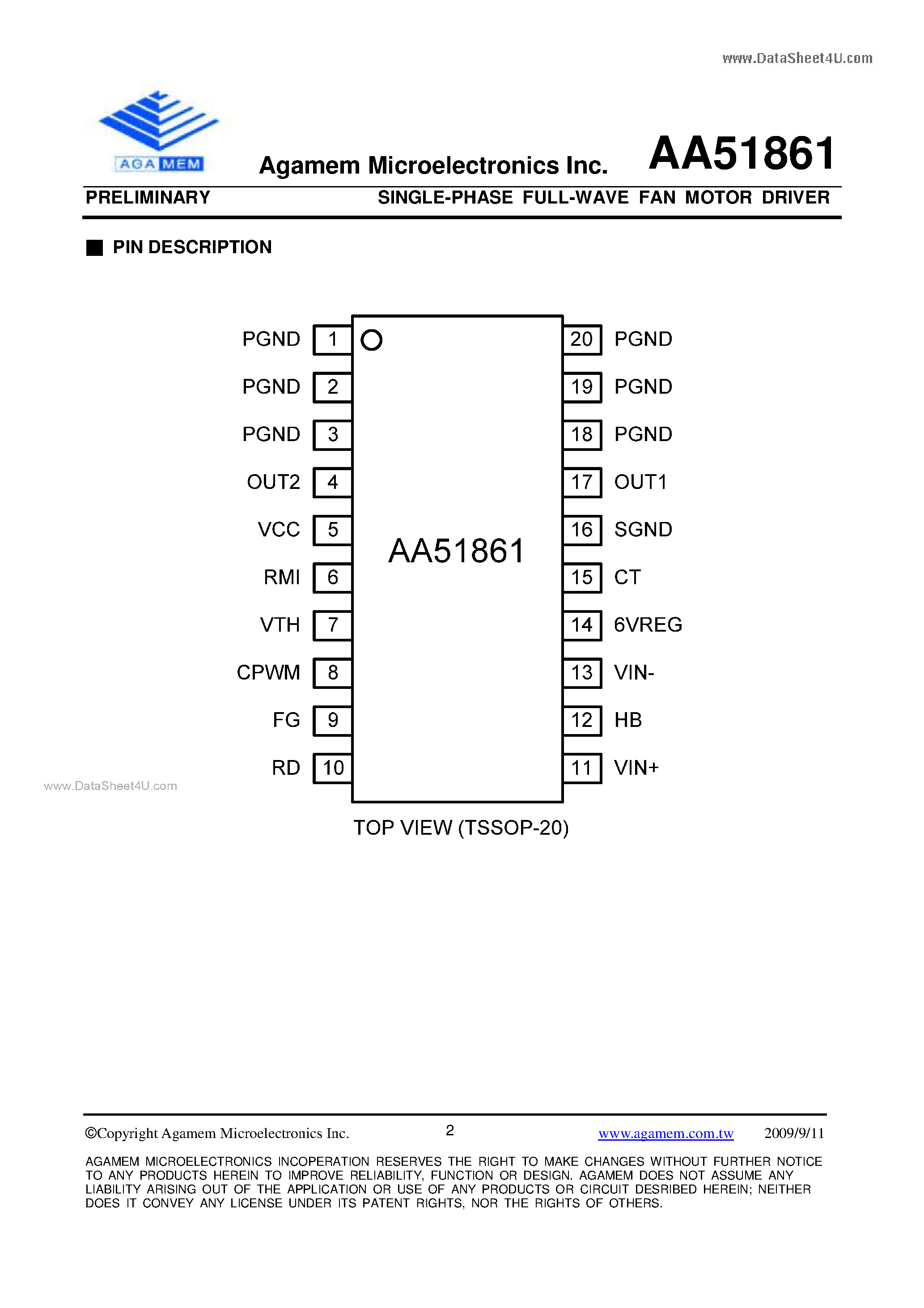 Datasheet AA51861 - SINGLE-PHASE FULL-WAVE FAN MOTOR DRIVER page 2