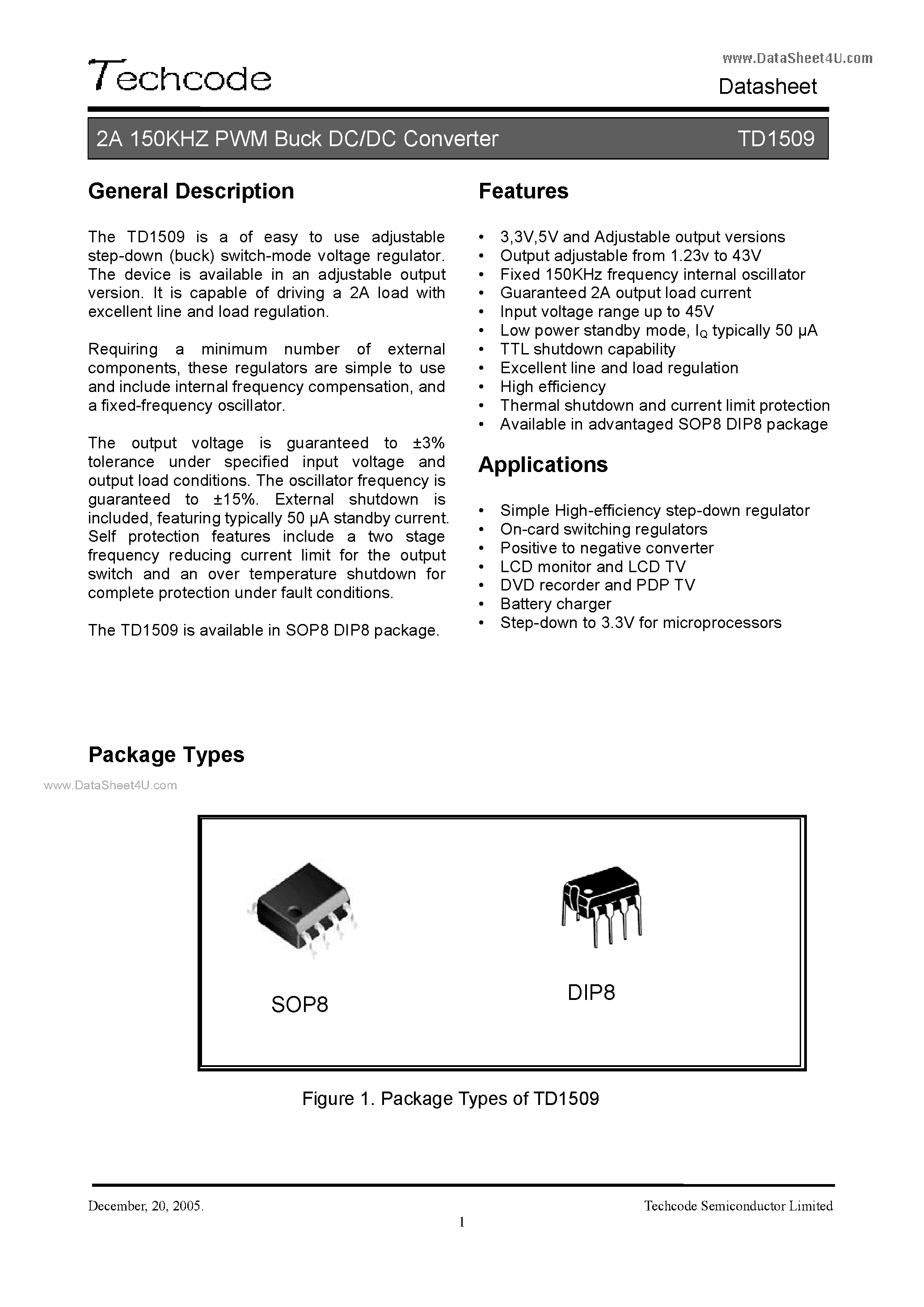 Datasheet TD1509 - 2A 150KHZ PWM Buck DC/DC Converter page 1