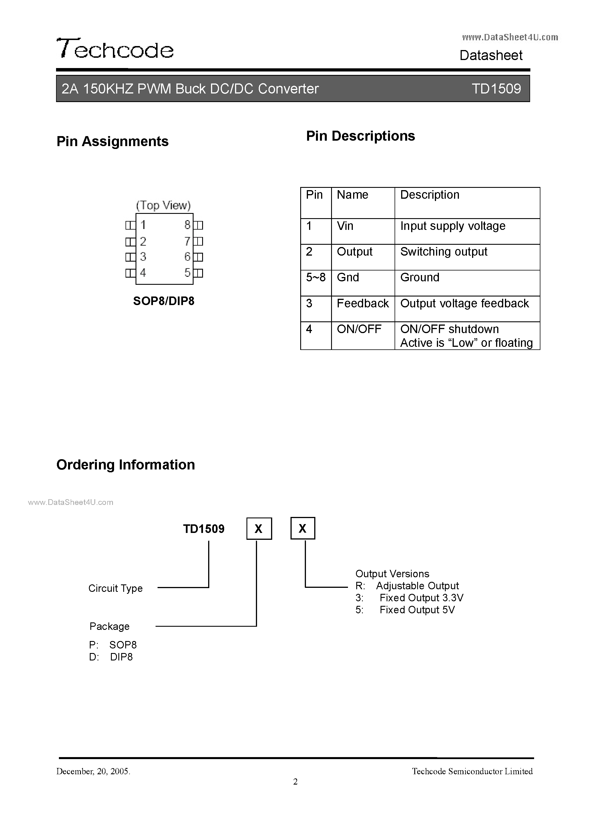 Datasheet TD1509 page 2 Datasheet TD1509 - 2A 150KHZ PWM Buck DC/DC Converter page 2
