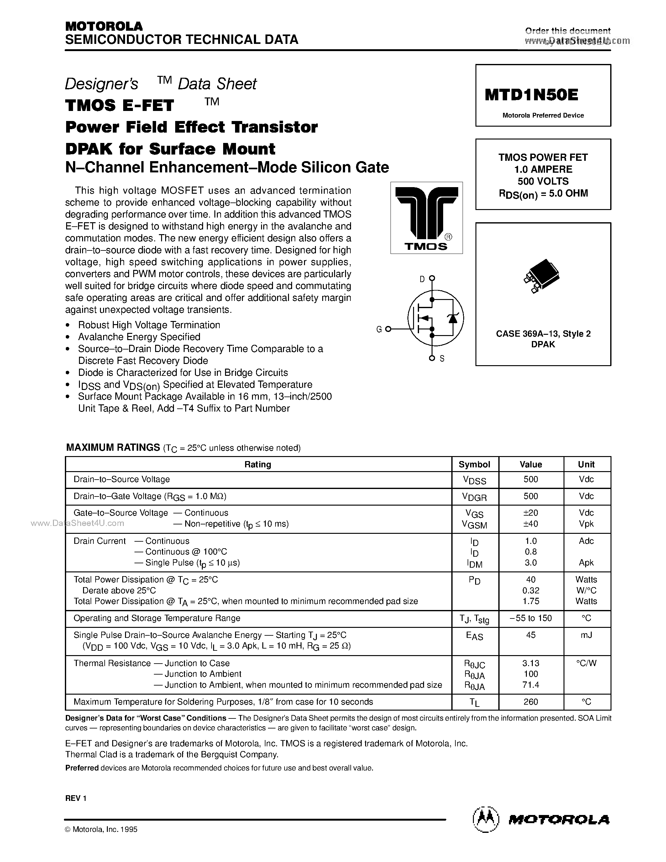Datasheet MTD1N50E - TMOS POWER FET 1.0 AMPERE 500 VOLTS page 1