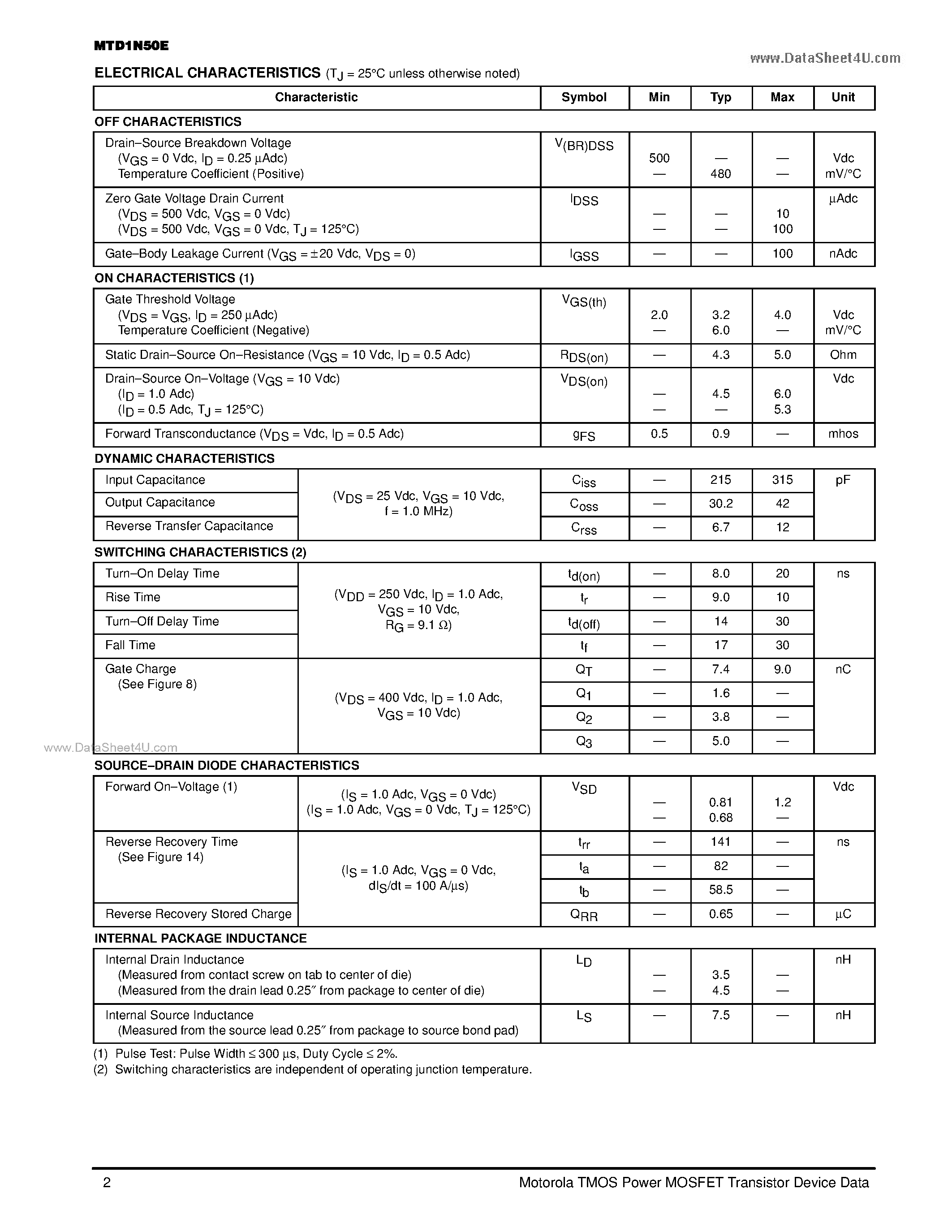Datasheet MTD1N50E - TMOS POWER FET 1.0 AMPERE 500 VOLTS page 2