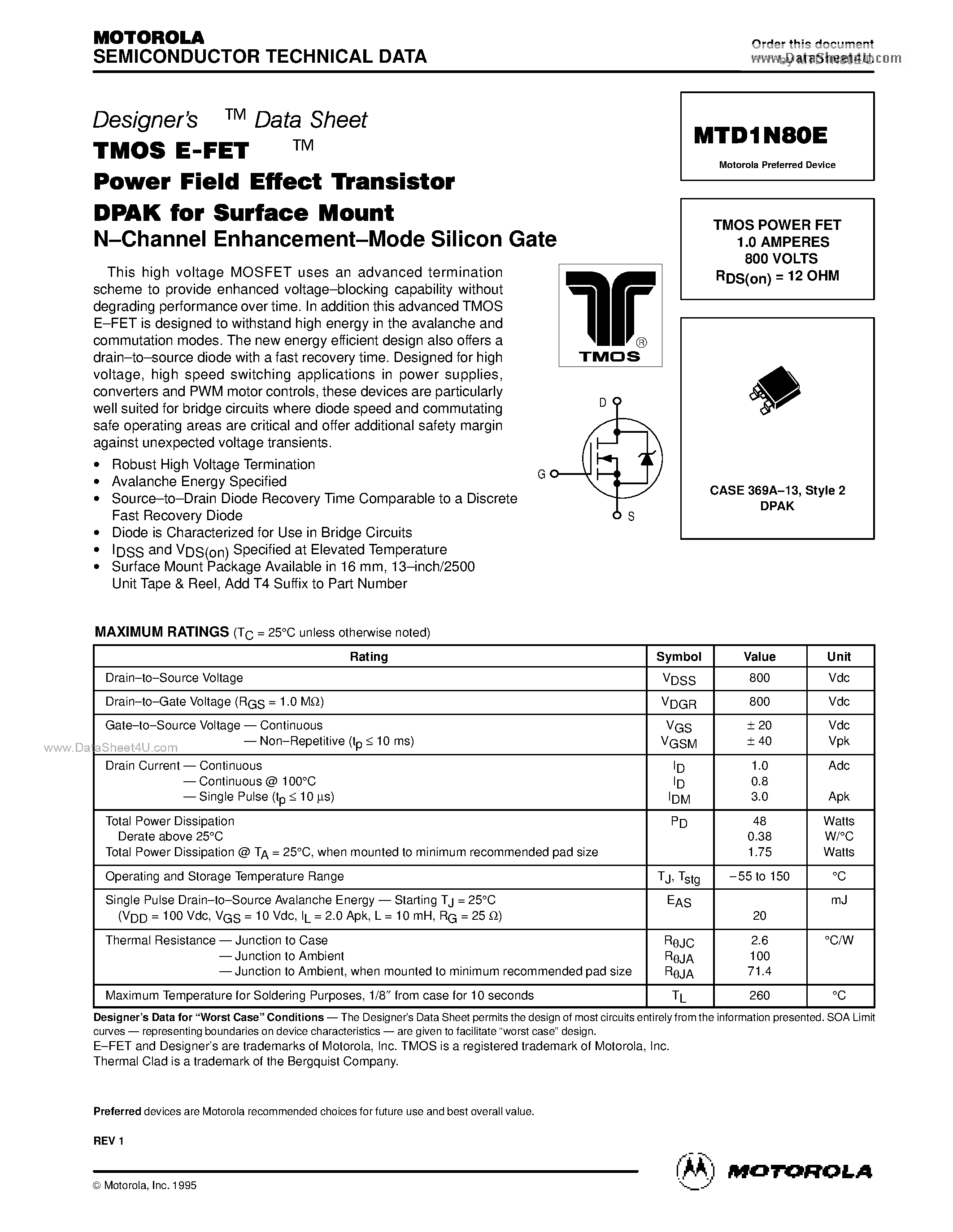Datasheet MTD1N80E - TMOS POWER FET 1.0 AMPERES 800 VOLTS page 1