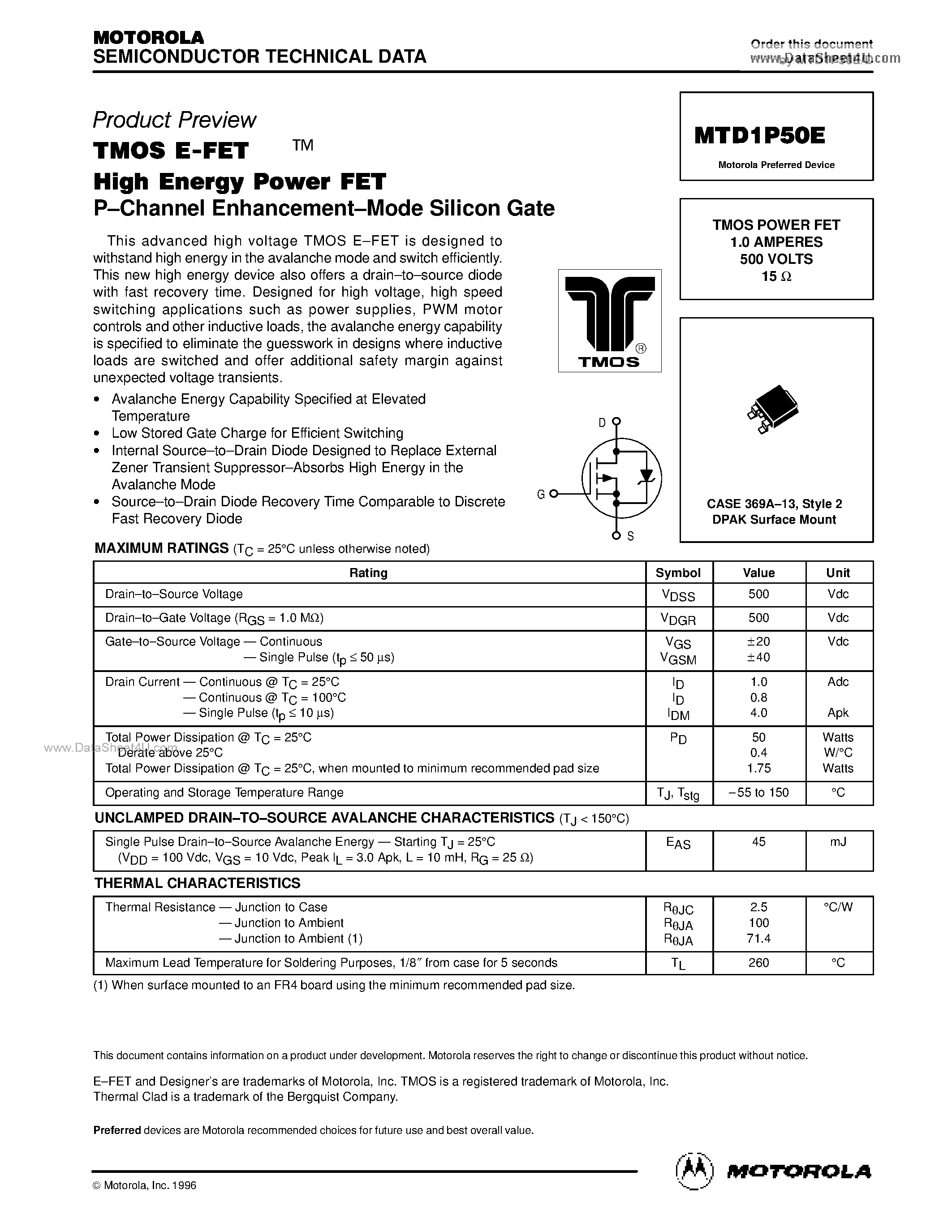 Datasheet MTD1P50E - TMOS POWER FET 1.0 AMPERES 500 VOLTS page 1