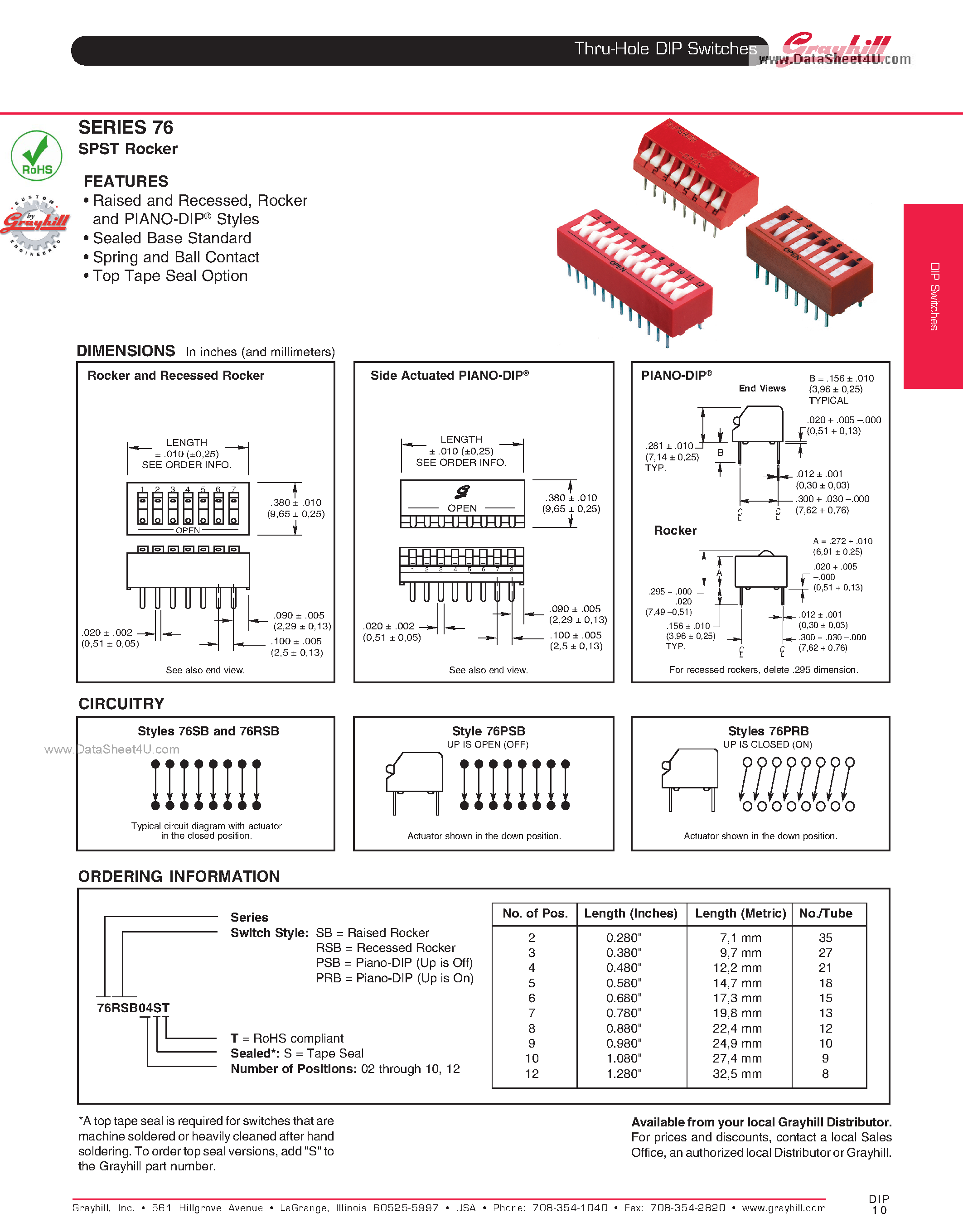 Datasheet 76RSB02ST page 1 Datasheet 76RSB02ST - Thru-Hole DIP Switches page 1