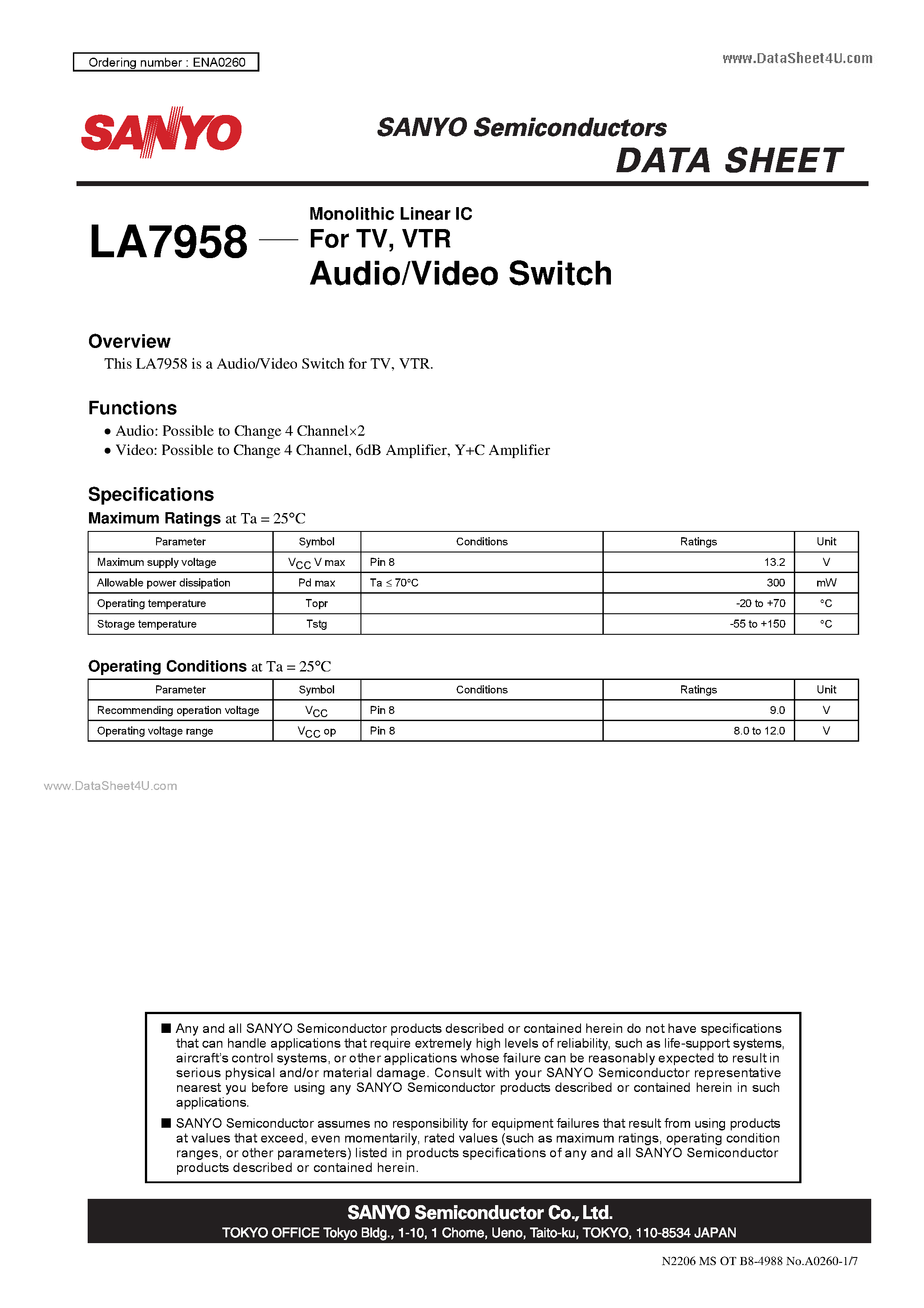 Datasheet LA7958 page 1 Datasheet LA7958 - Audio/Video Switch page 1