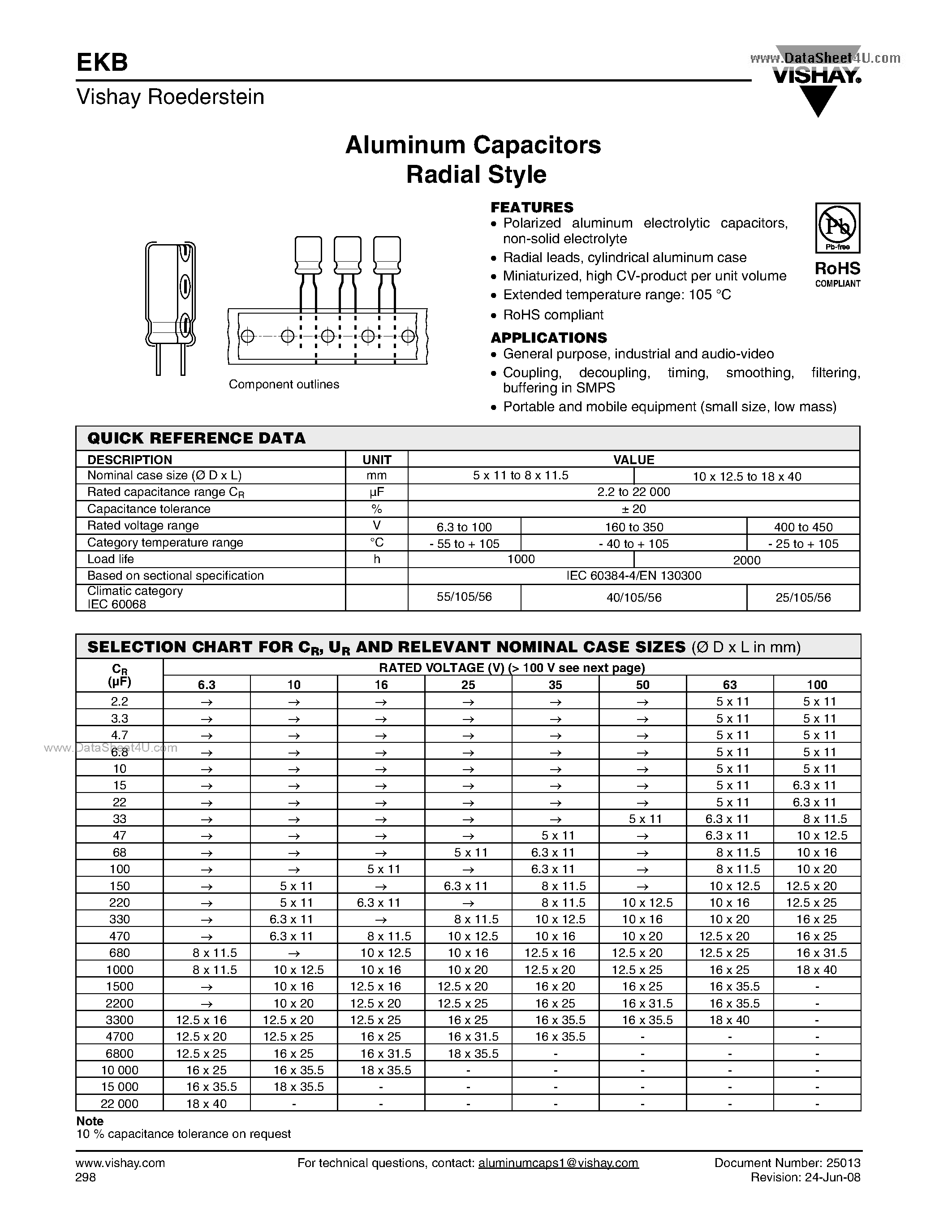 Datasheet EKB page 1 Datasheet EKB - Aluminum Capacitors Radial Style page 1