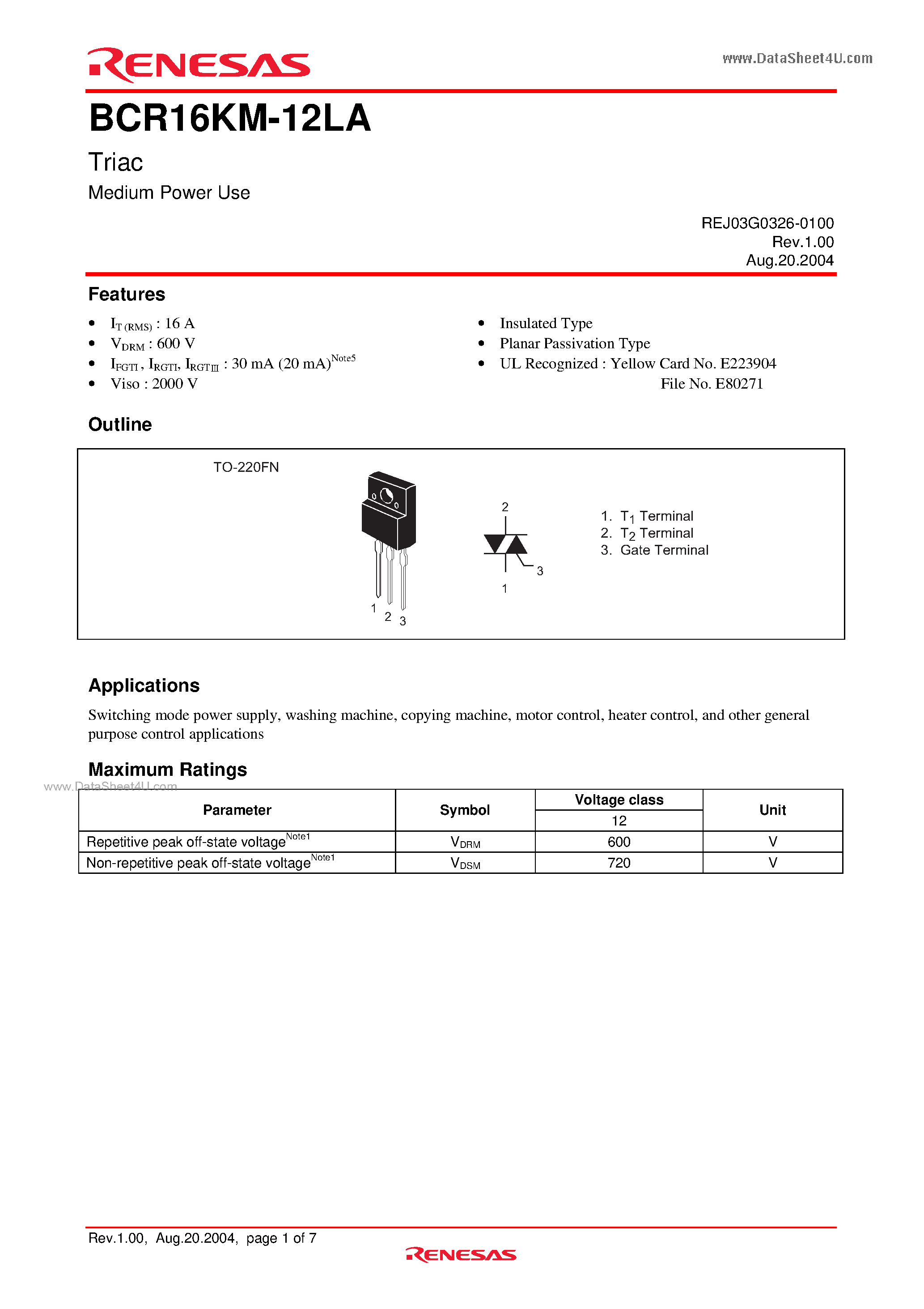 Datasheet BCR16KM-12LA - Triac page 1