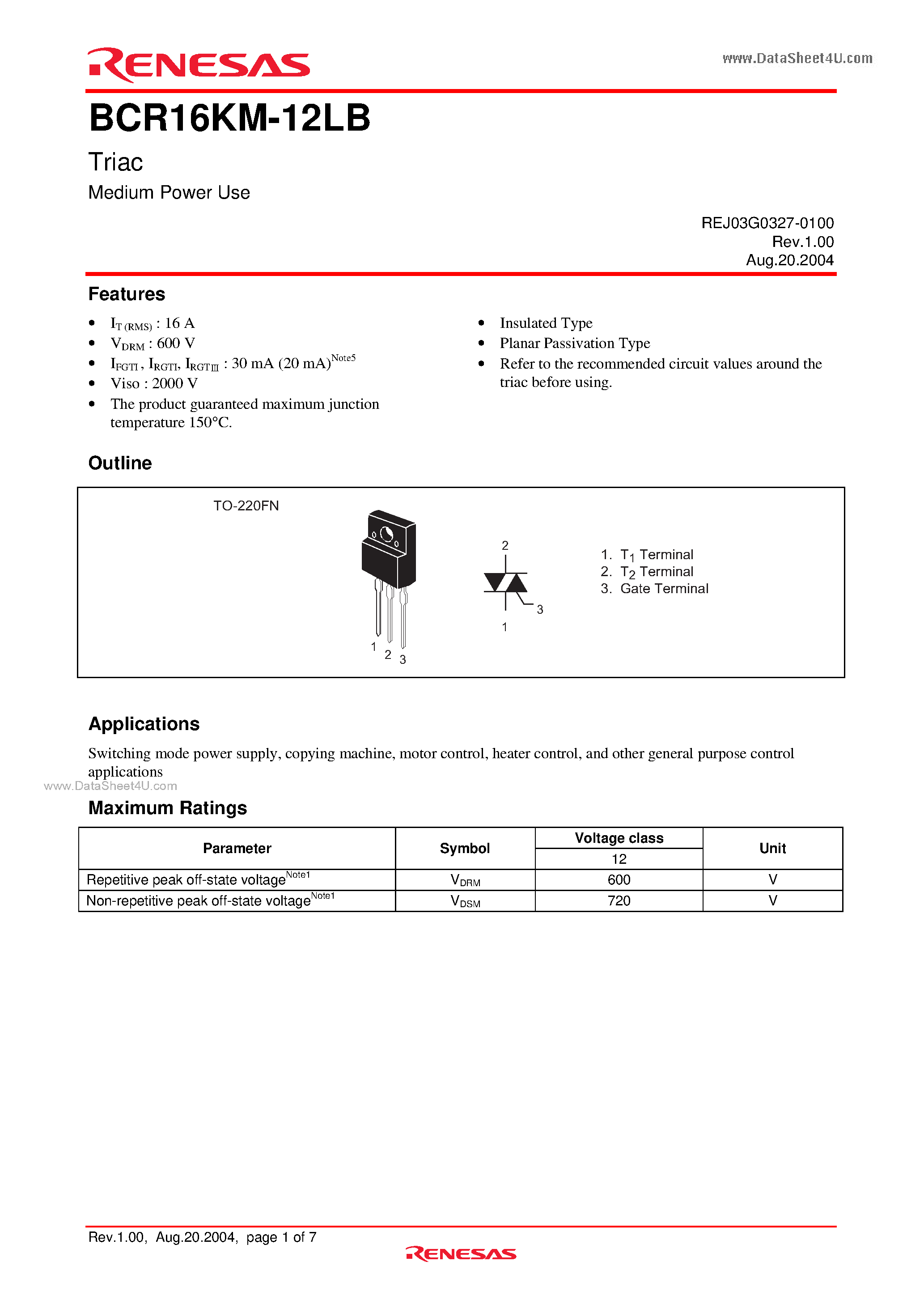 Datasheet BCR16KM-12LB - Triac page 1