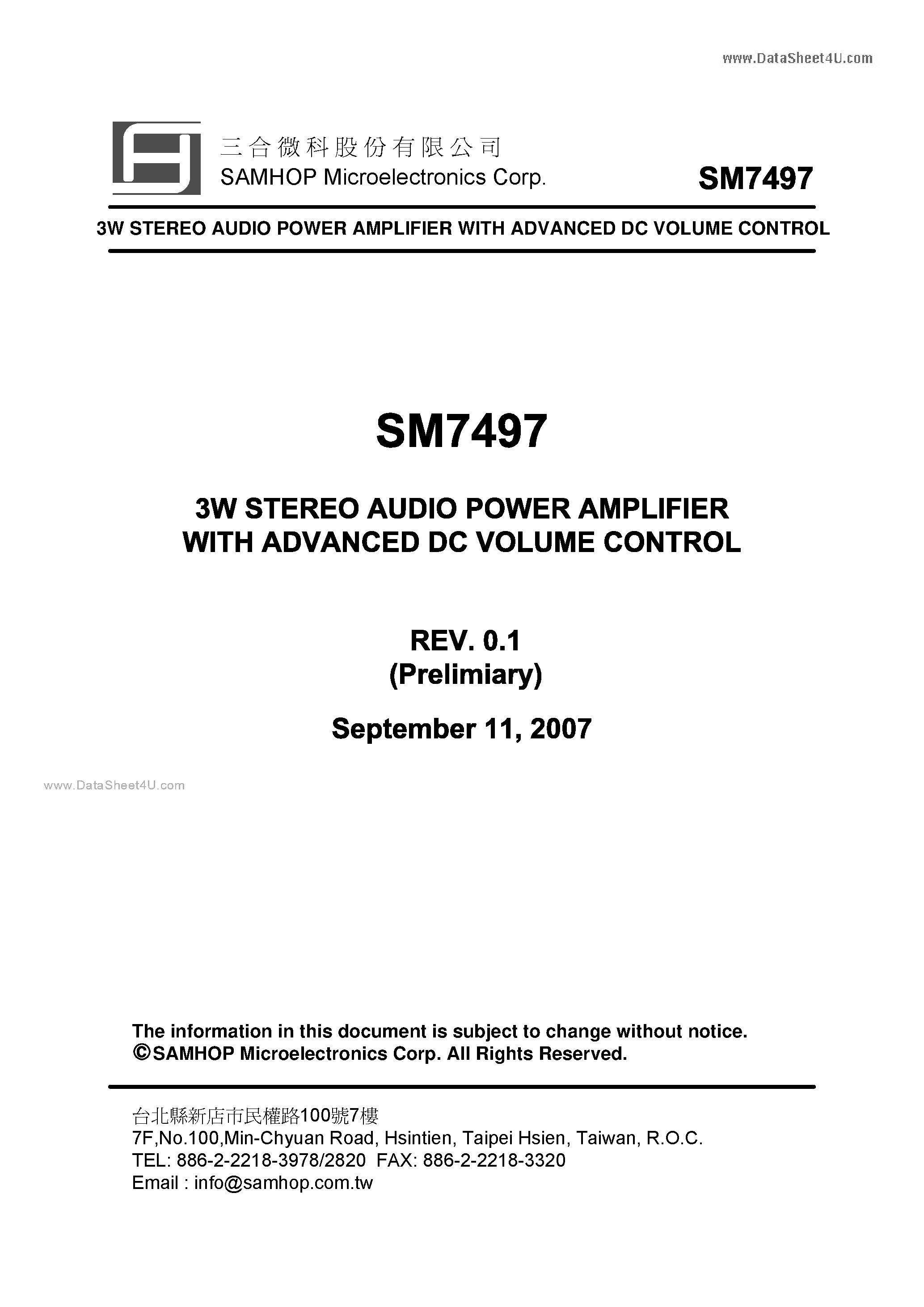 Datasheet SM7497 page 1 Datasheet SM7497 - 3W STEREO AUDIO POWER AMPLIFIER page 1