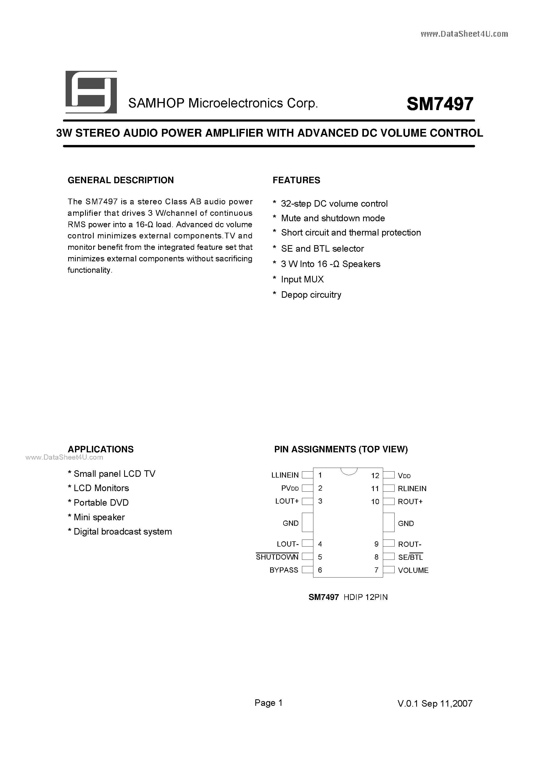 Datasheet SM7497 page 2 Datasheet SM7497 - 3W STEREO AUDIO POWER AMPLIFIER page 2