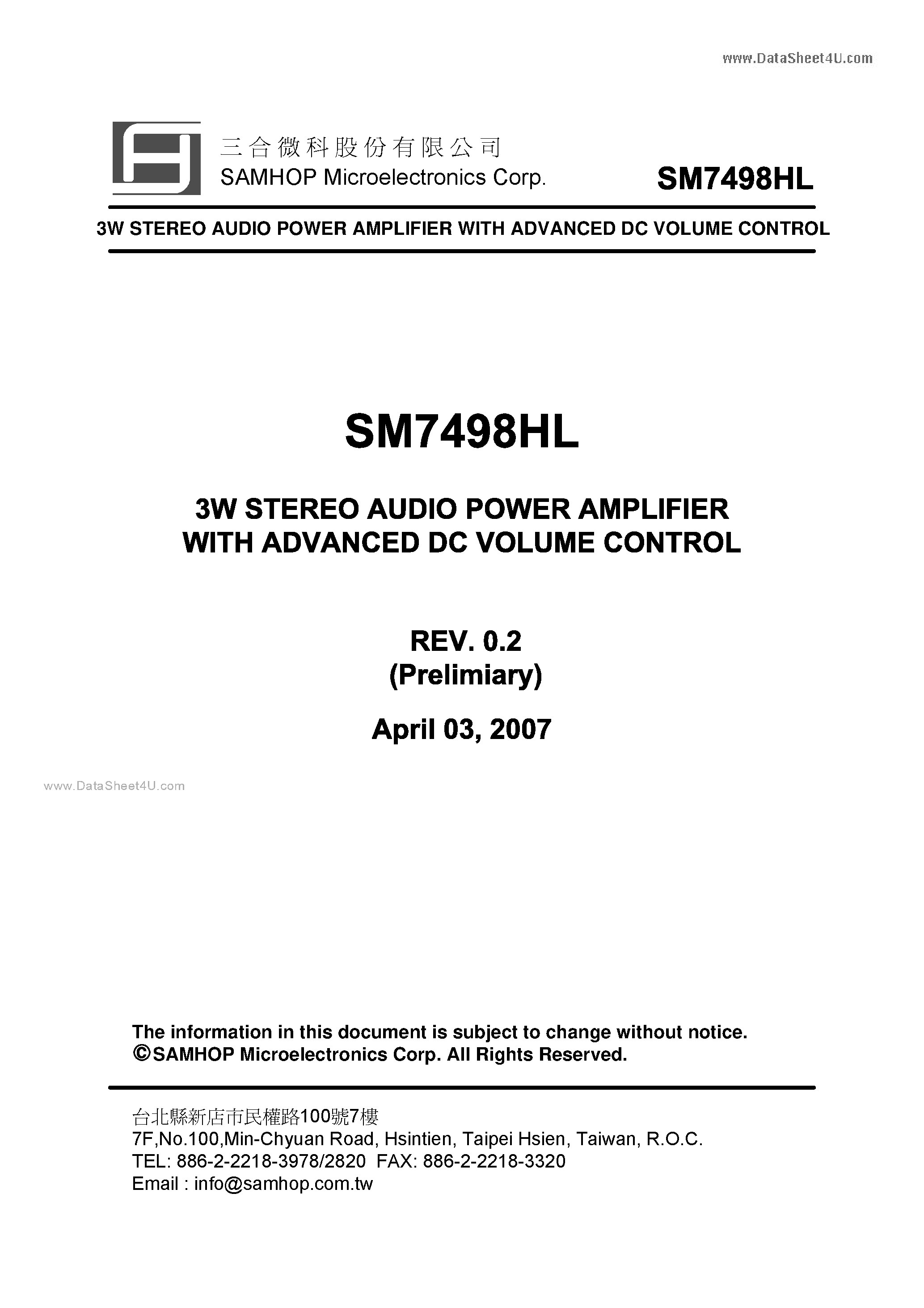 Datasheet SM7498HL page 1 Datasheet SM7498HL - 3W STEREO AUDIO POWER AMPLIFIER page 1