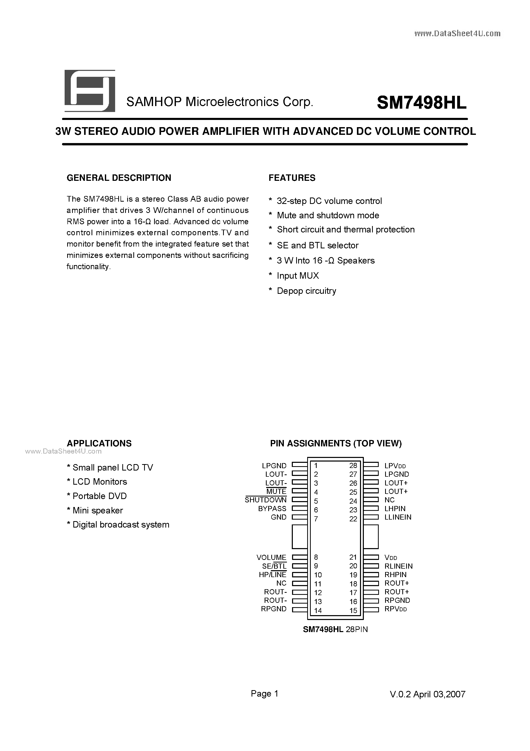 Datasheet SM7498HL page 2 Datasheet SM7498HL - 3W STEREO AUDIO POWER AMPLIFIER page 2