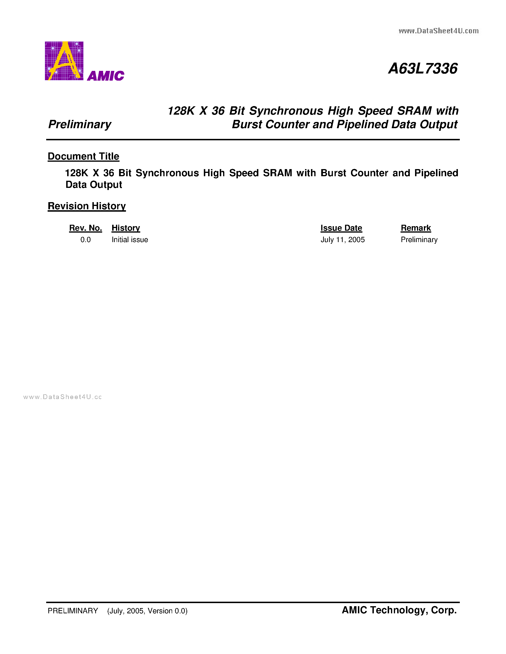 Datasheet A63L7336 - 128K X 36 Bit Synchronous High Speed SRAM page 1