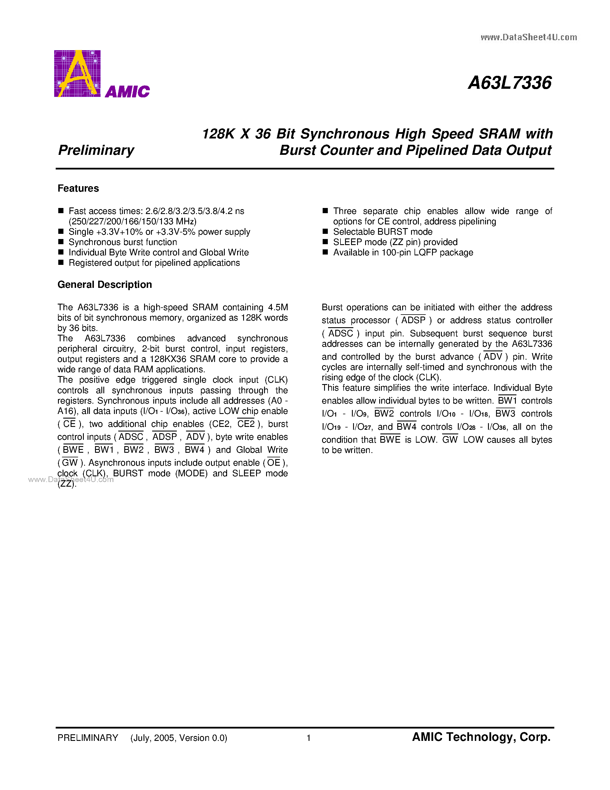 Datasheet A63L7336 - 128K X 36 Bit Synchronous High Speed SRAM page 2