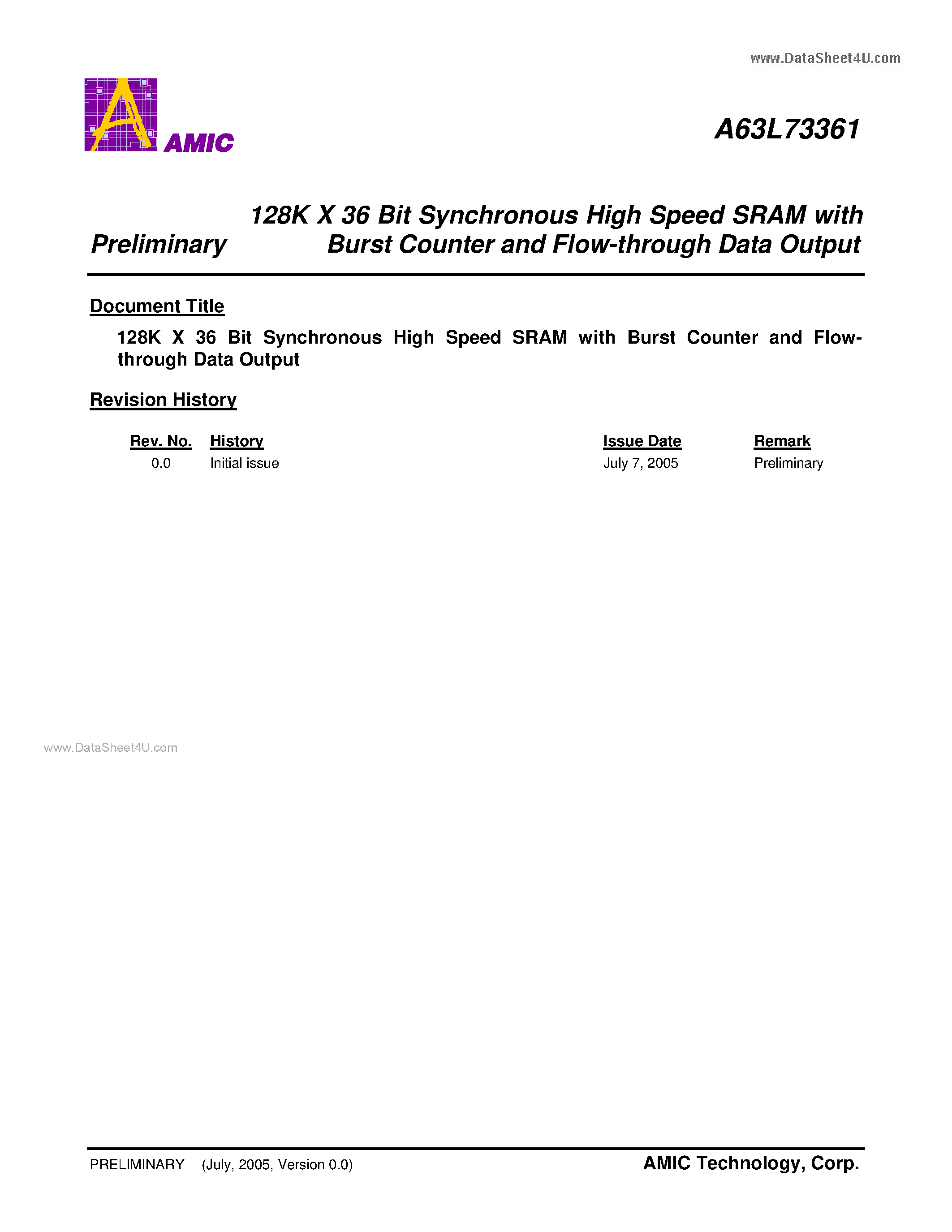 Datasheet A63L73361 - 128K X 36 Bit Synchronous High Speed SRAM page 1