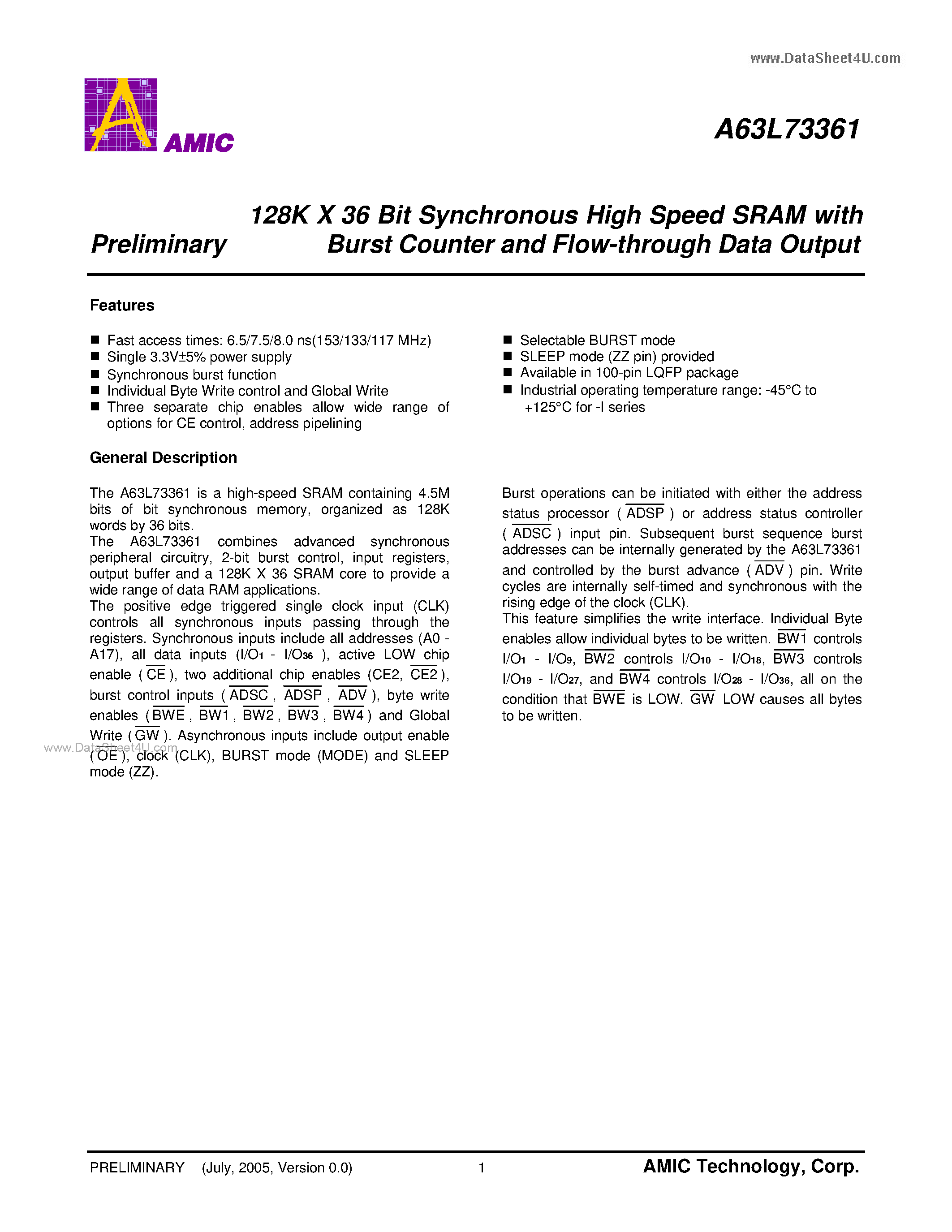 Datasheet A63L73361 - 128K X 36 Bit Synchronous High Speed SRAM page 2