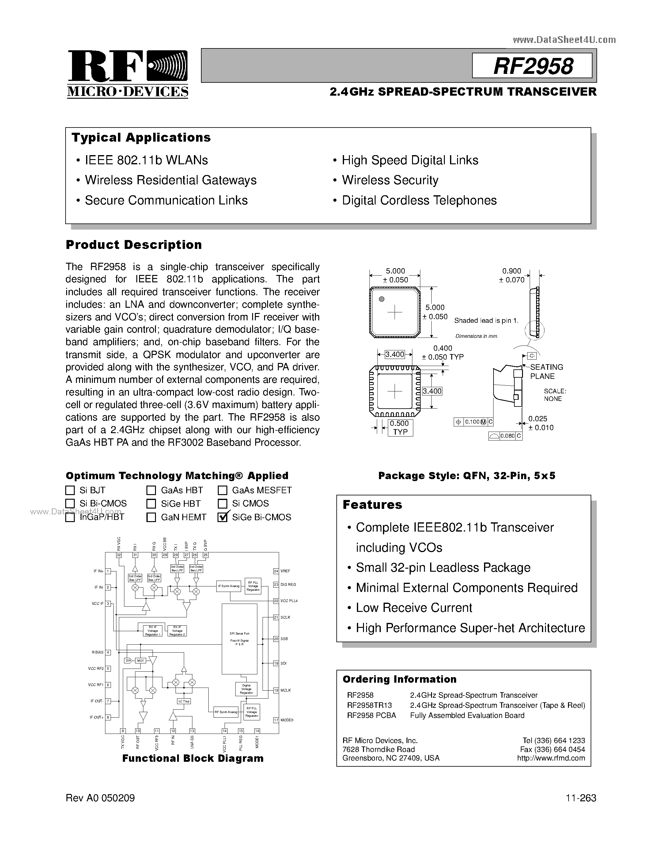 Datasheet RF2958 - 2.4GHz SPREAD-SPECTRUM TRANSCEIVER page 1