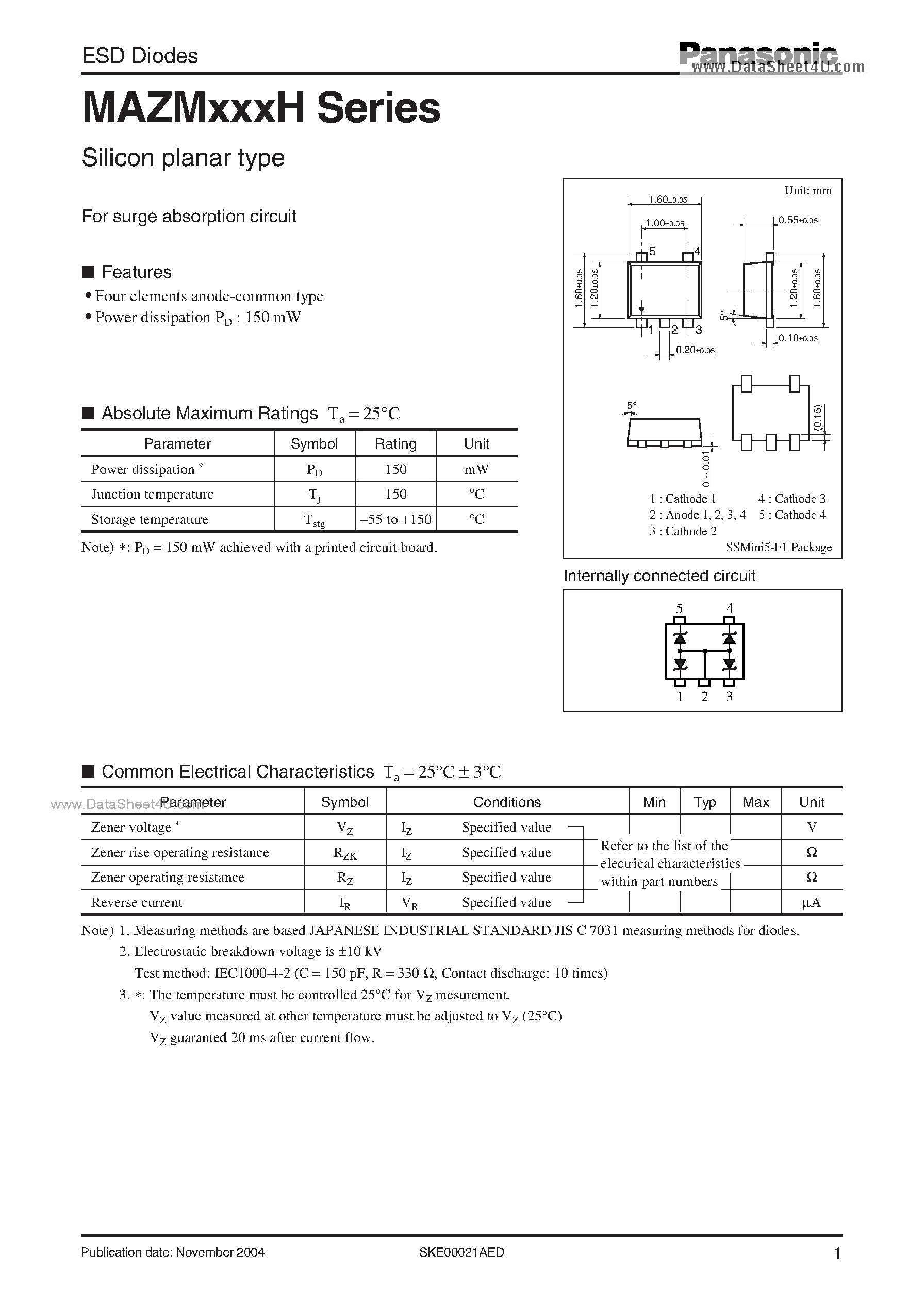 Даташит на микросхему MAZMxxxH страница 1 Даташит MAZMxxxH - ESD Diodes страница 1