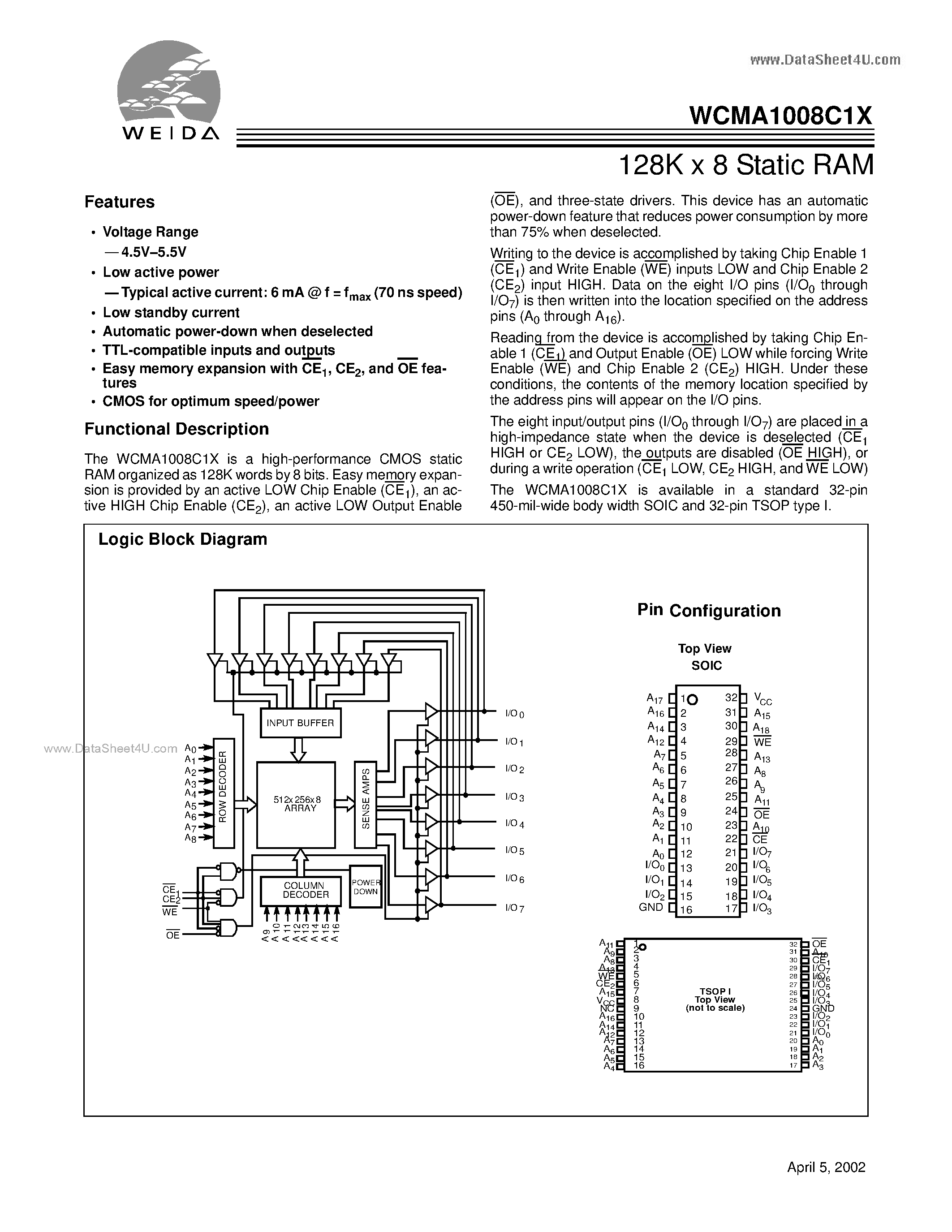 Datasheet WCMA1008C1X page 1 Datasheet WCMA1008C1X - 128K x 8 Static RAM page 1