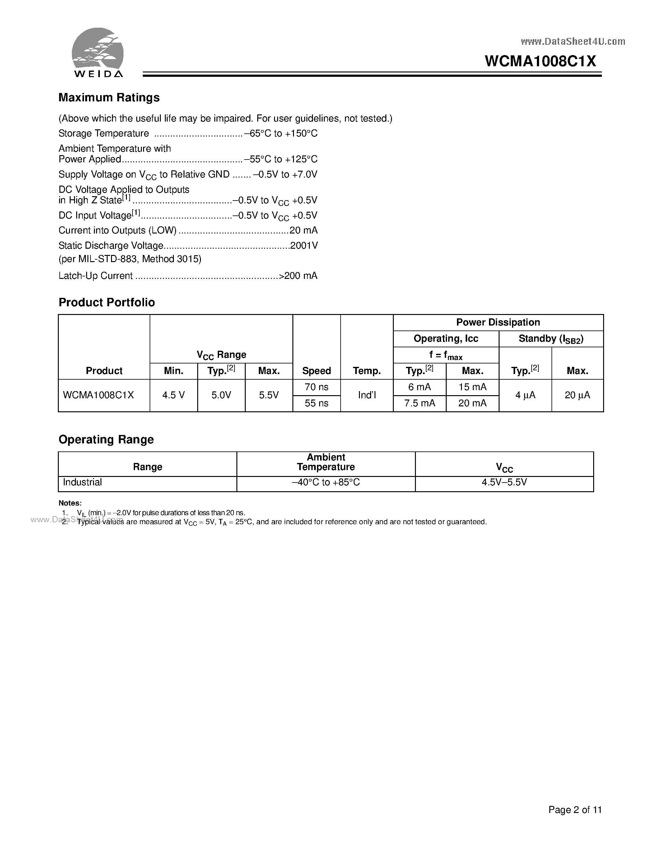 Datasheet WCMA1008C1X page 2 Datasheet WCMA1008C1X - 128K x 8 Static RAM page 2