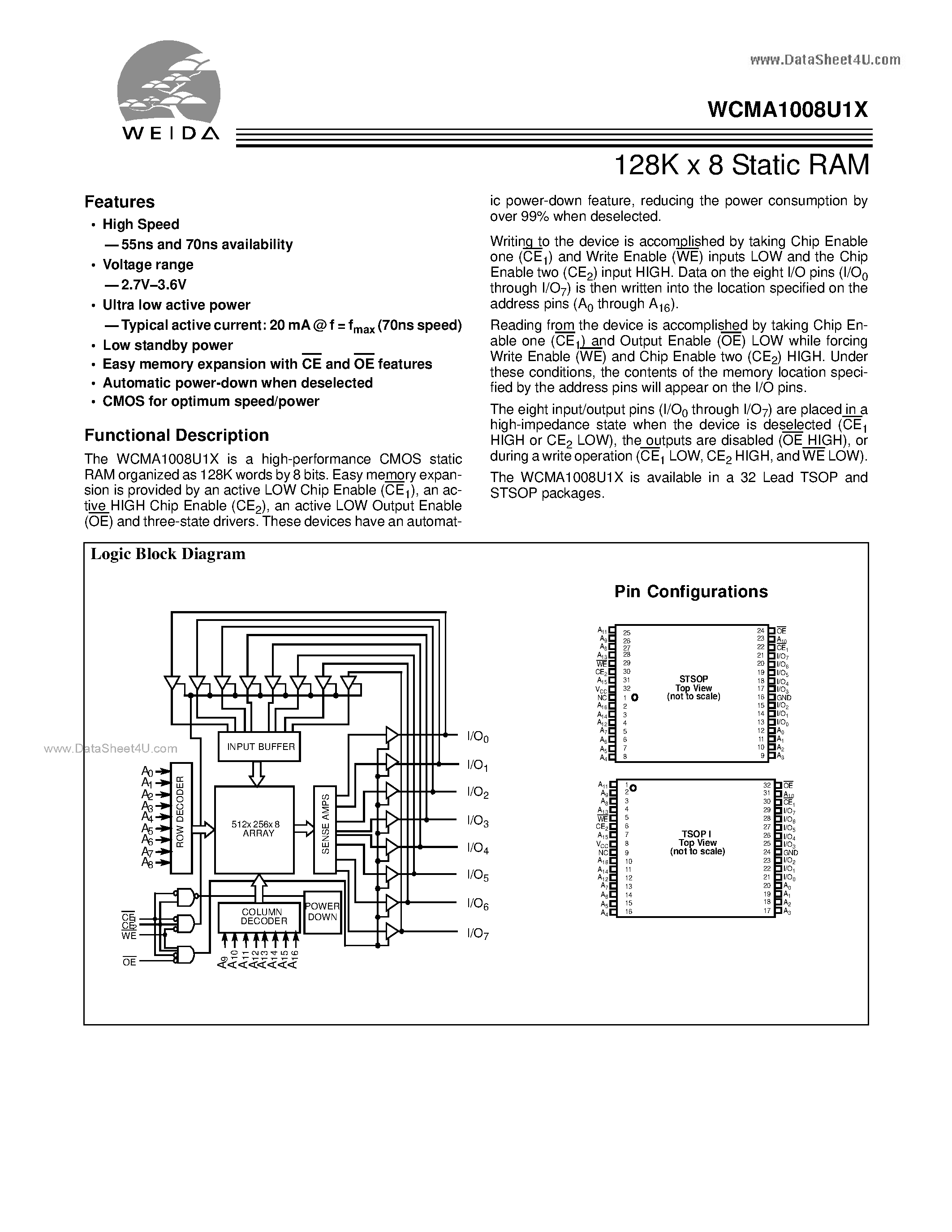 Datasheet WCMA1008U1X page 1 Datasheet WCMA1008U1X - 128K x 8 Static RAM page 1