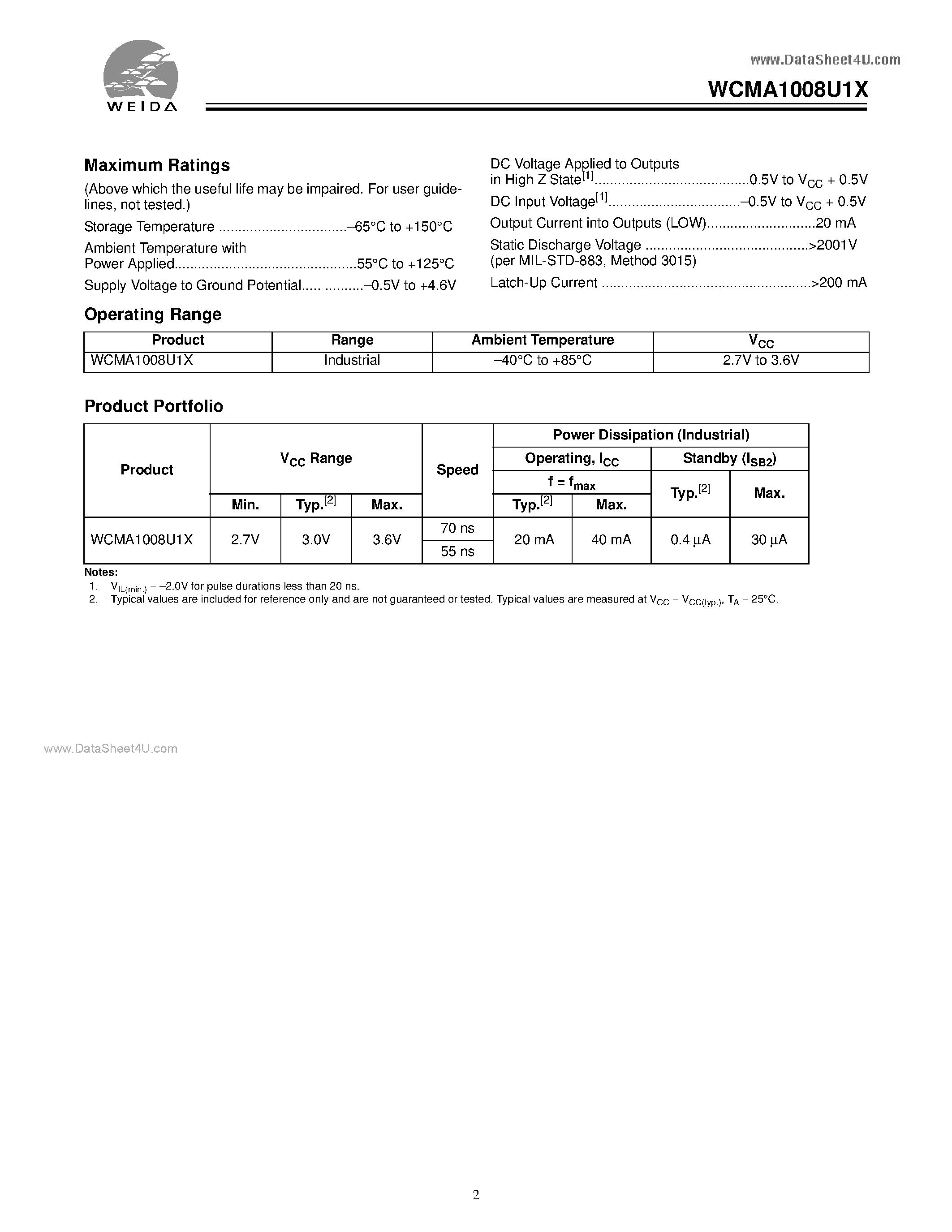 Datasheet WCMA1008U1X page 2 Datasheet WCMA1008U1X - 128K x 8 Static RAM page 2