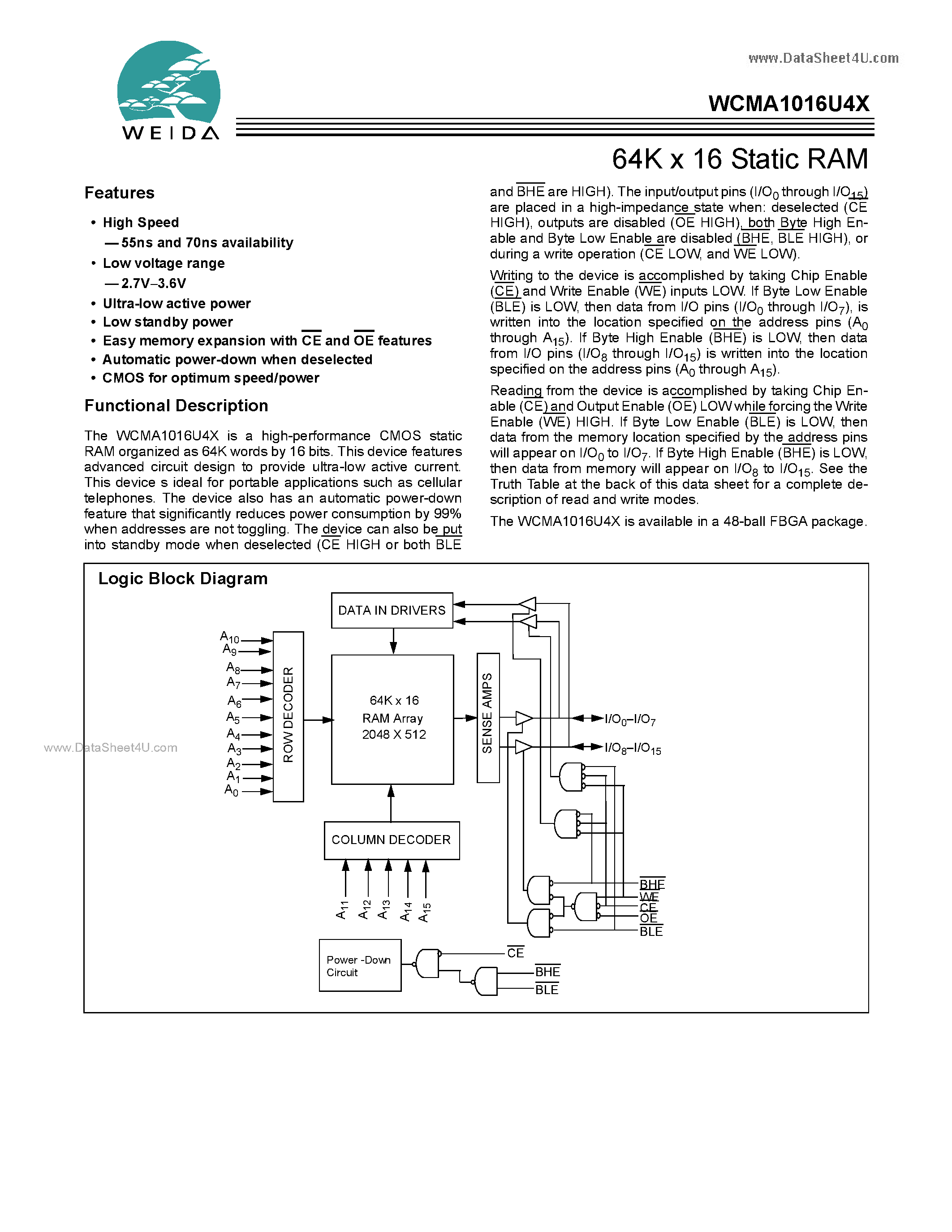 Datasheet WCMA1016U4X page 1 Datasheet WCMA1016U4X - 64K x 16 Static RAM page 1