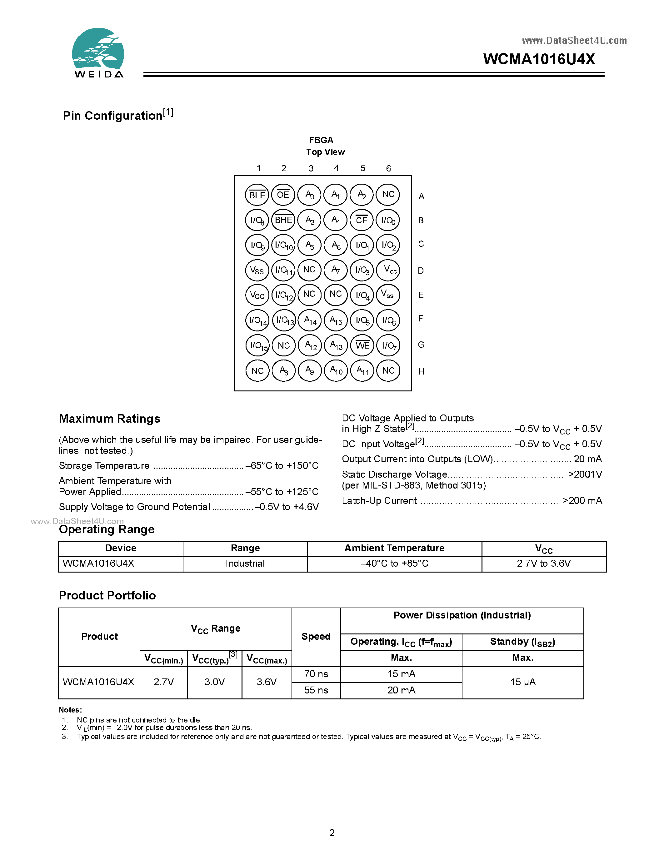 Datasheet WCMA1016U4X page 2 Datasheet WCMA1016U4X - 64K x 16 Static RAM page 2