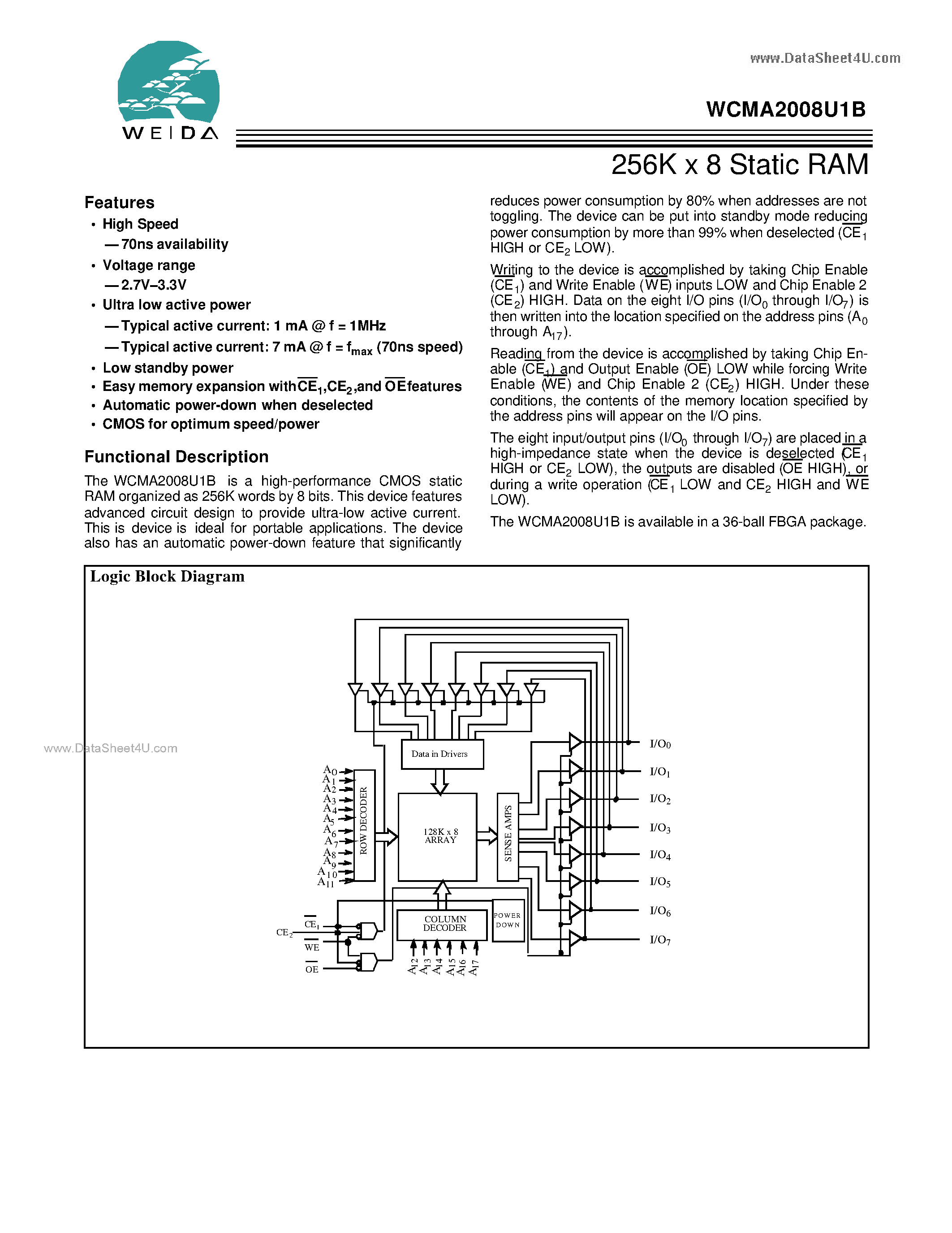 Datasheet WCMA2008U1B - 256K x 8 Static RAM page 1