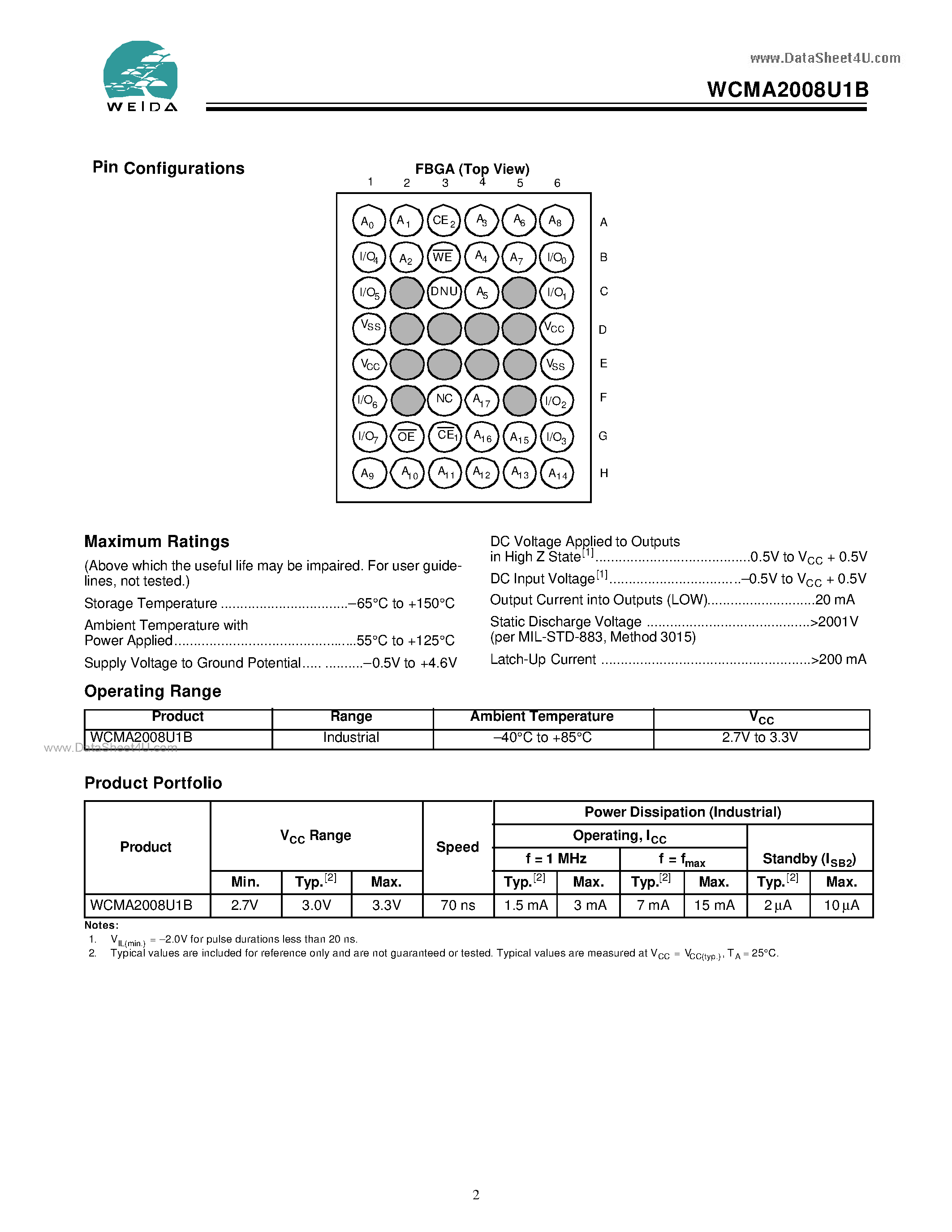 Datasheet WCMA2008U1B - 256K x 8 Static RAM page 2